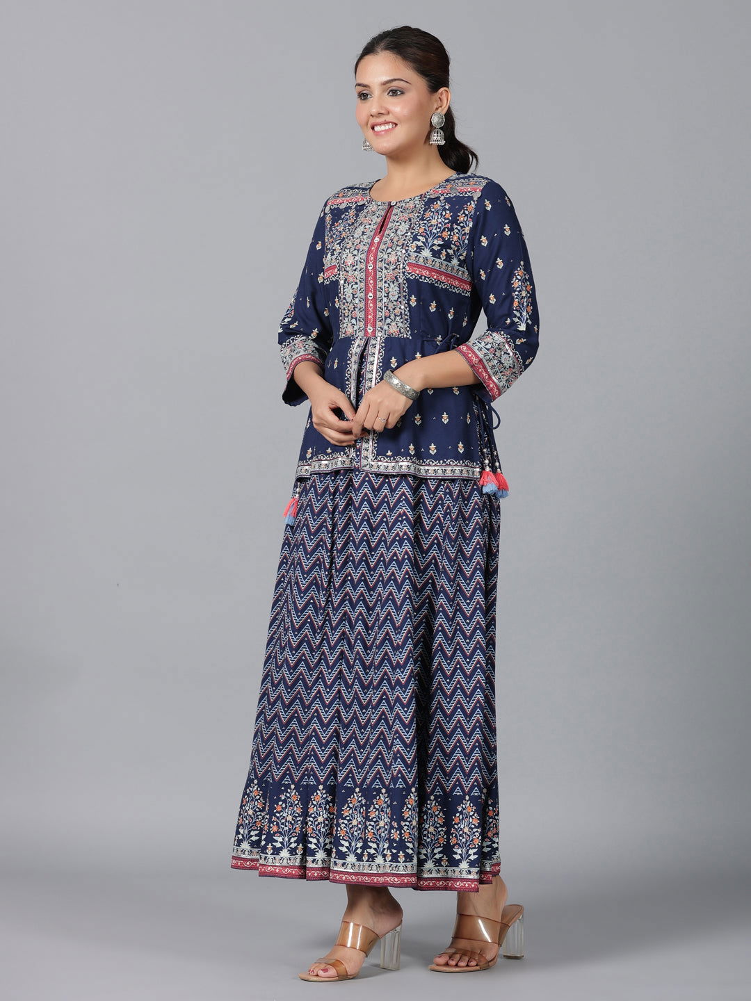 Juniper Indigo Chevron Printed Shantoon Maxi Dress With Sequins work