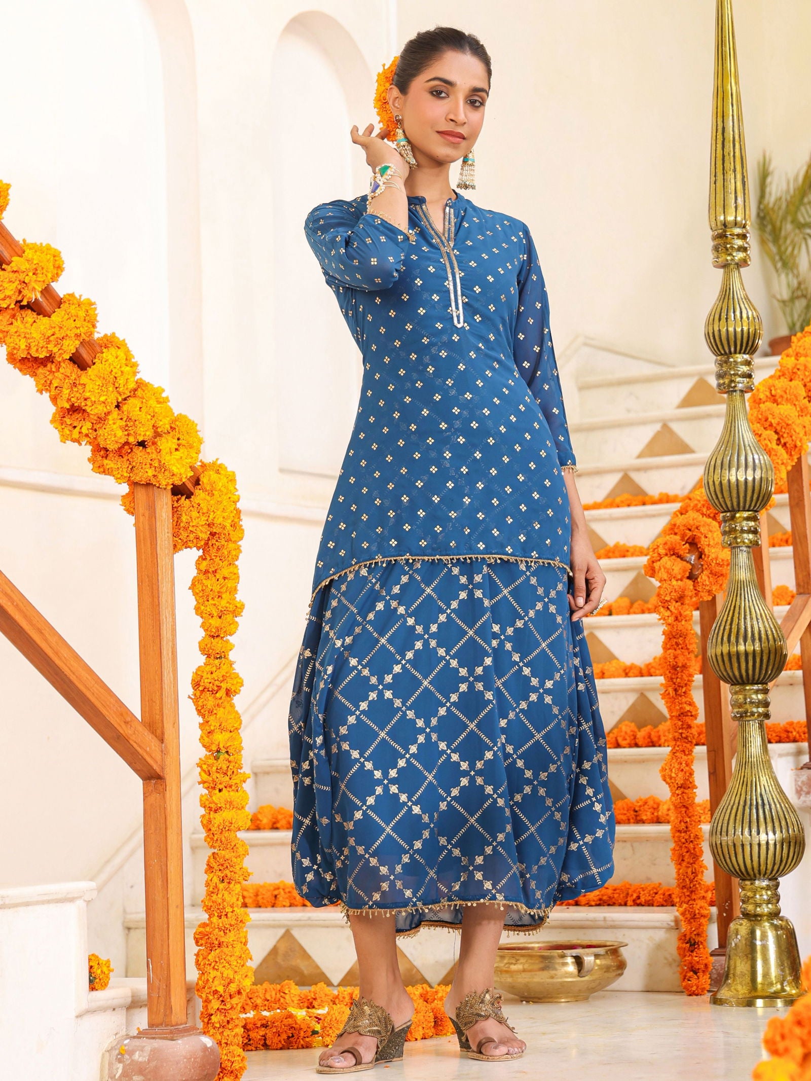 Juniper Indigo Ethnic Motif Printed Georgette Draped Maxi Dress With Sequins