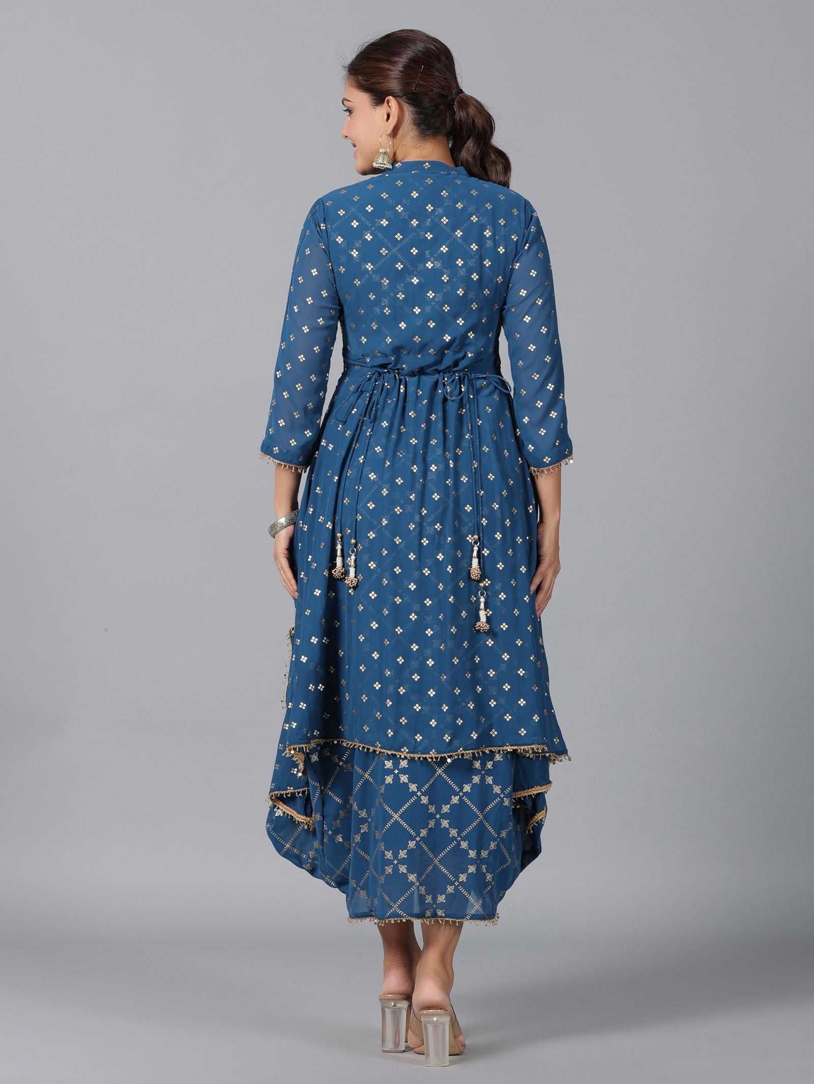Juniper Indigo Ethnic Motif Printed Georgette Draped Maxi Dress With Sequins