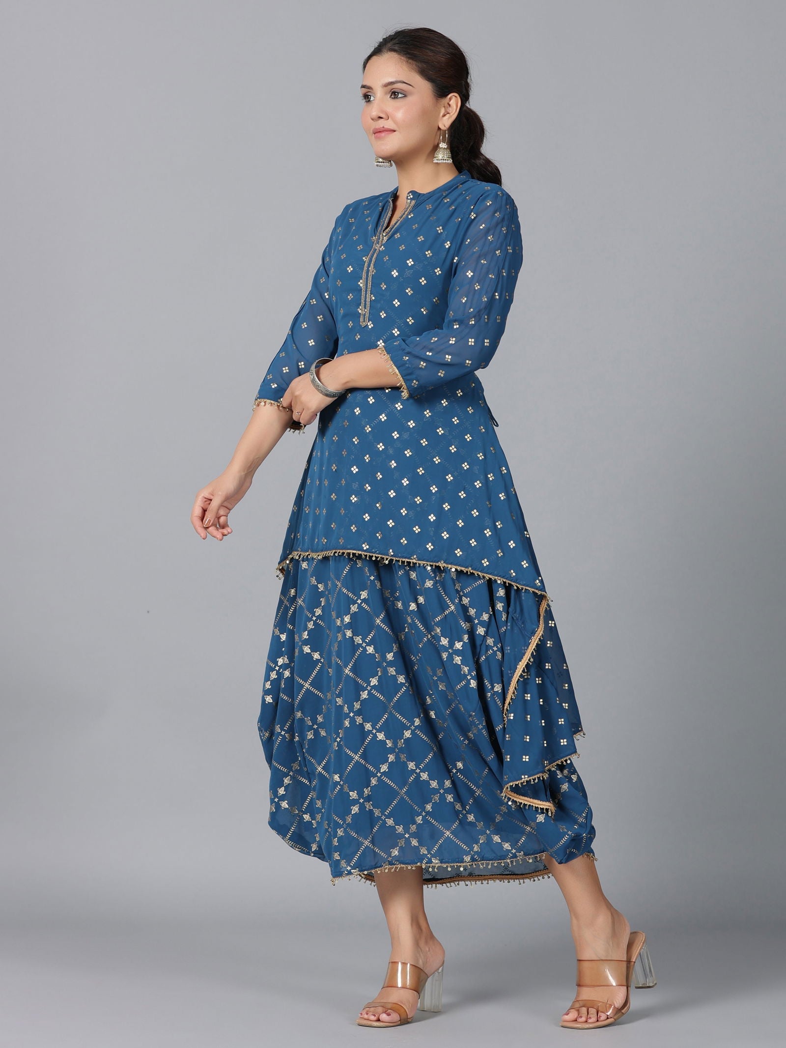 Juniper Indigo Ethnic Motif Printed Georgette Draped Maxi Dress With Sequins