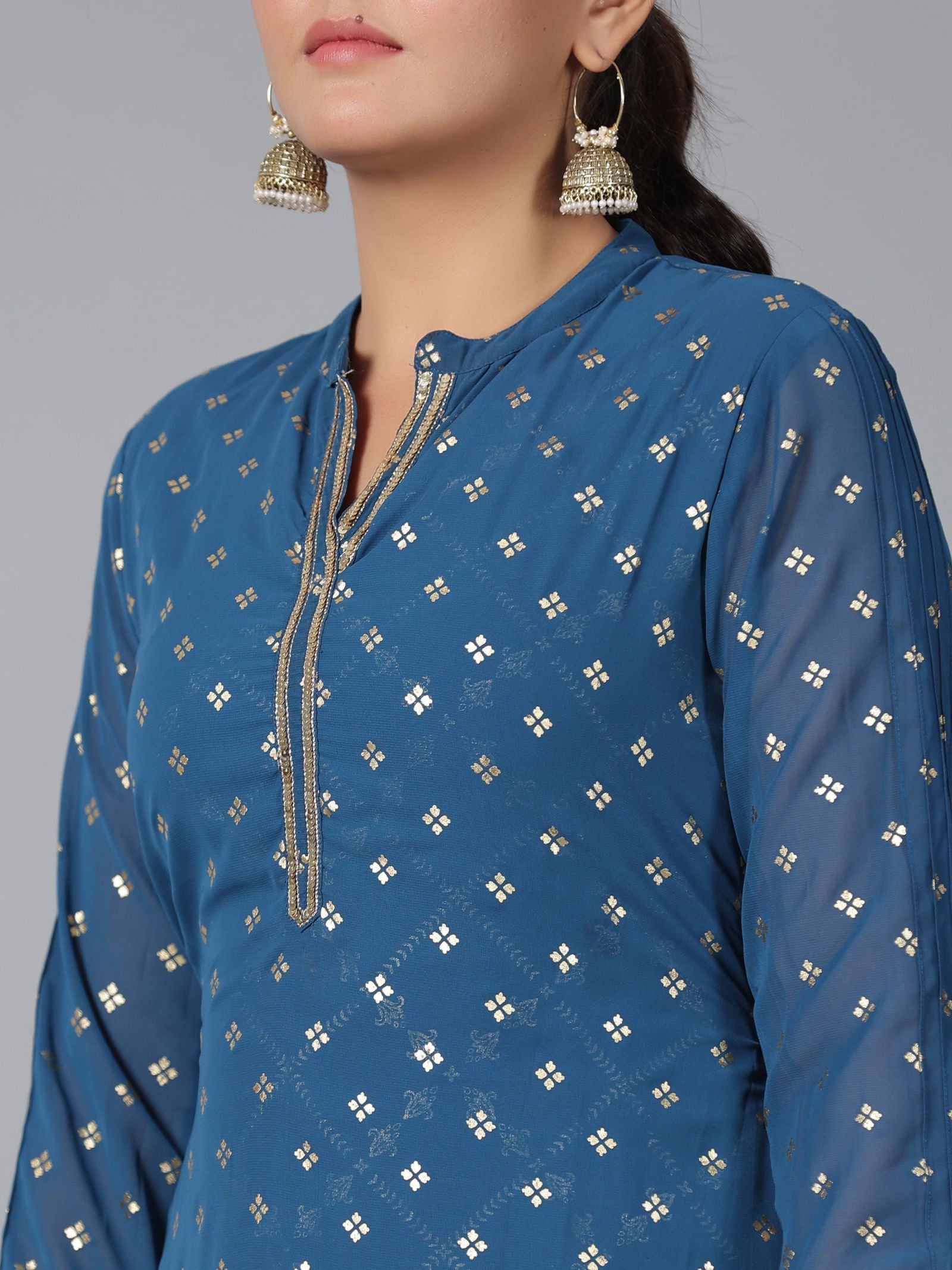 Juniper Indigo Ethnic Motif Printed Georgette Draped Maxi Dress With Sequins
