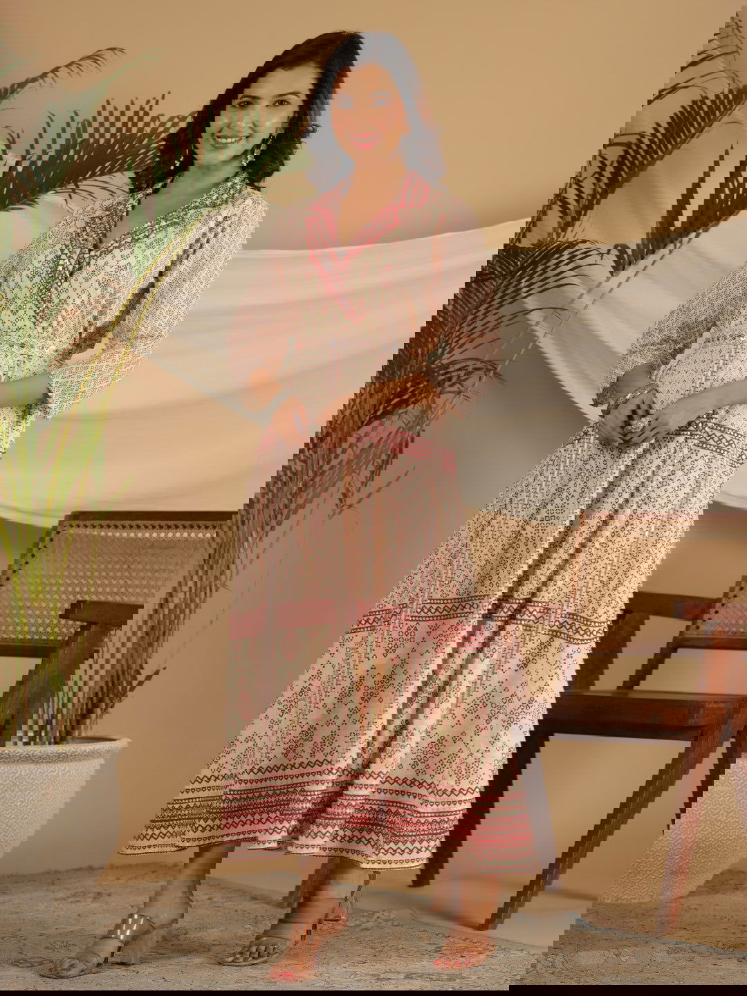 Juniper Ivory Cotton Geometric Printed Fit & Flare Maxi Dress With Contrast Beads & Sequins