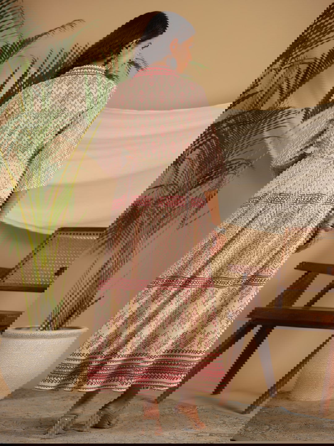 Juniper Ivory Cotton Geometric Printed Fit & Flare Maxi Dress With Contrast Beads & Sequins