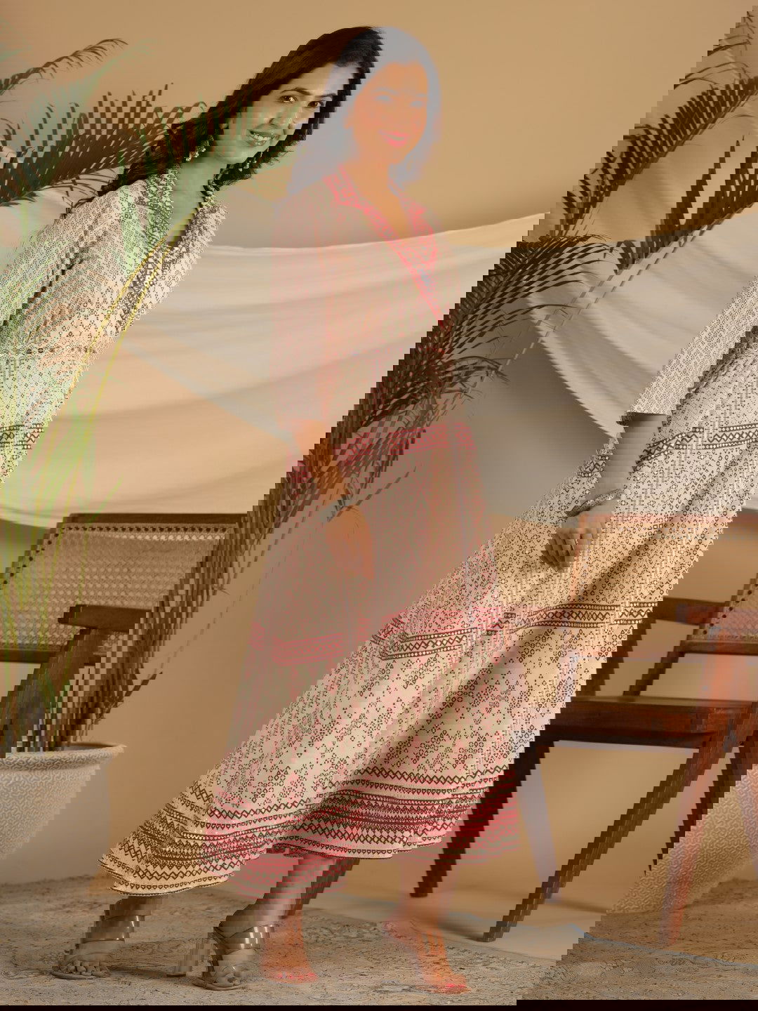 Juniper Ivory Cotton Geometric Printed Fit & Flare Maxi Dress With Contrast Beads & Sequins