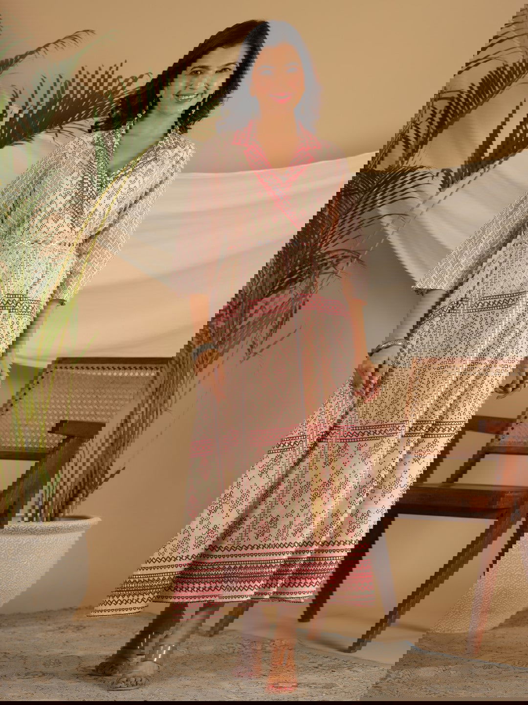 Juniper Ivory Cotton Geometric Printed Fit & Flare Maxi Dress With Contrast Beads & Sequins