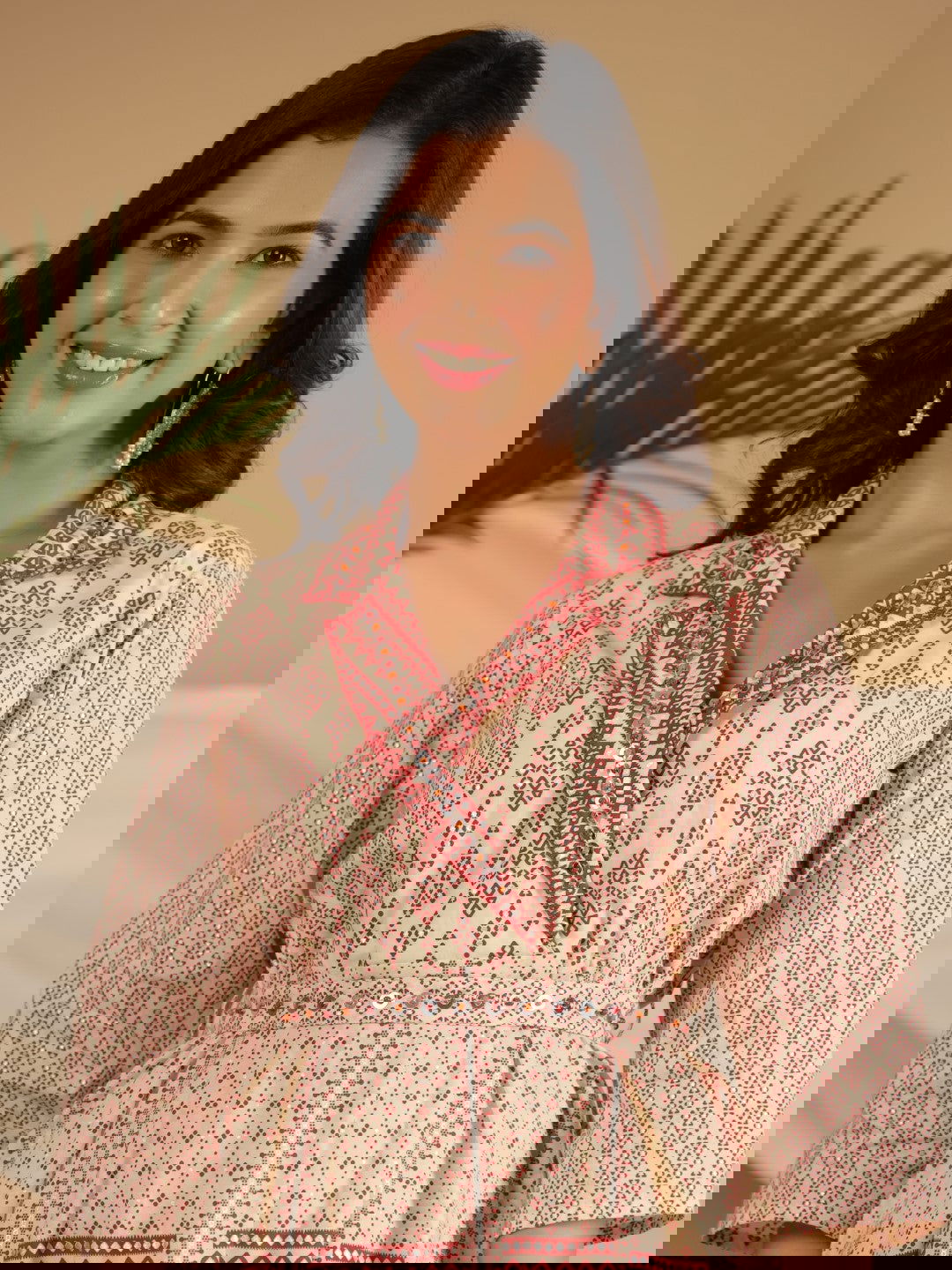 Juniper Ivory Cotton Geometric Printed Fit & Flare Maxi Dress With Contrast Beads & Sequins