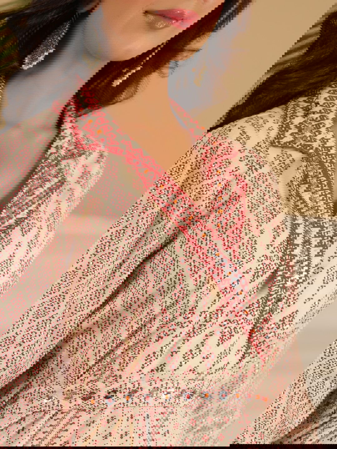 Juniper Ivory Cotton Geometric Printed Fit & Flare Maxi Dress With Contrast Beads & Sequins