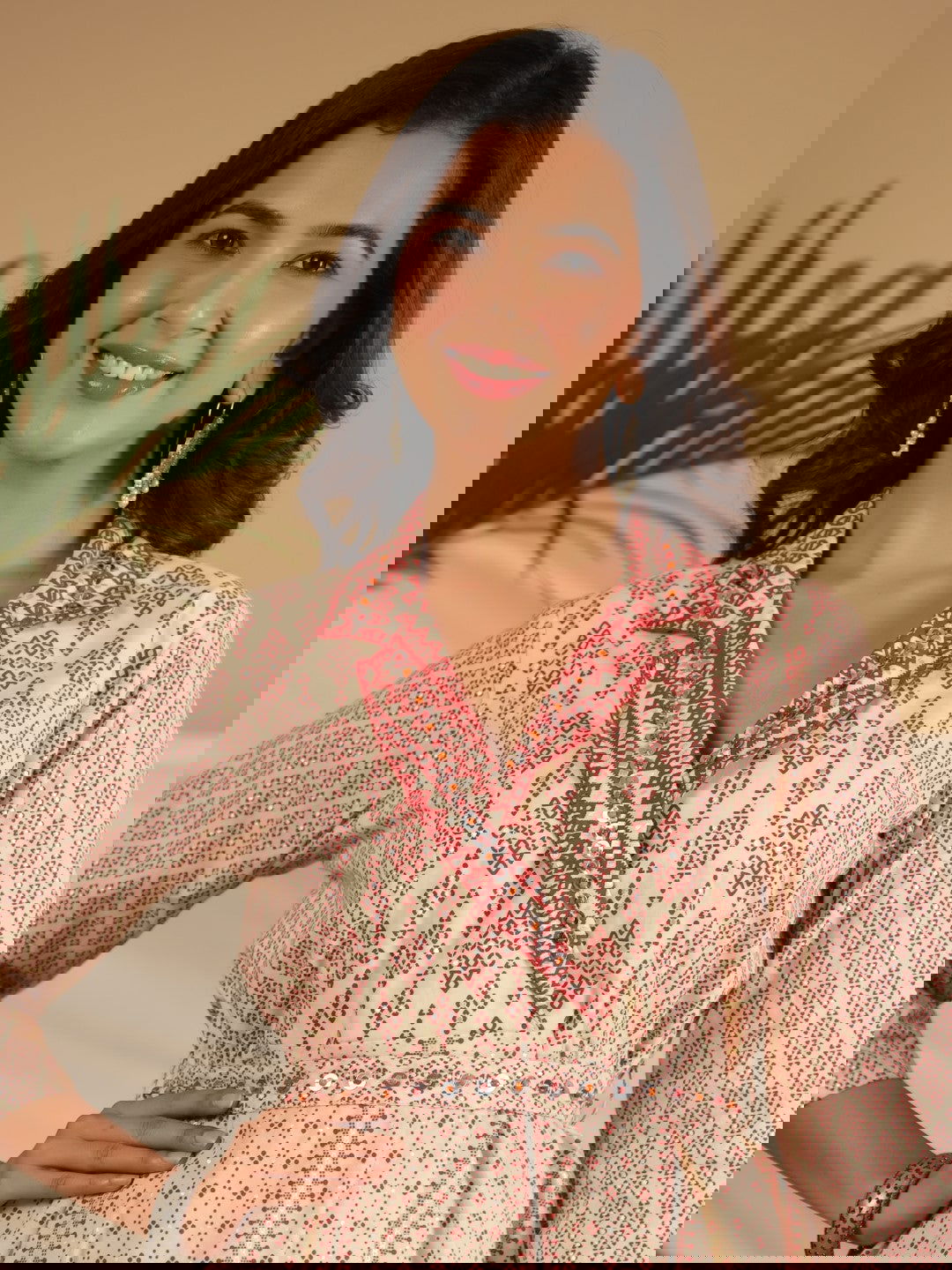 Juniper Ivory Cotton Geometric Printed Fit & Flare Maxi Dress With Contrast Beads & Sequins