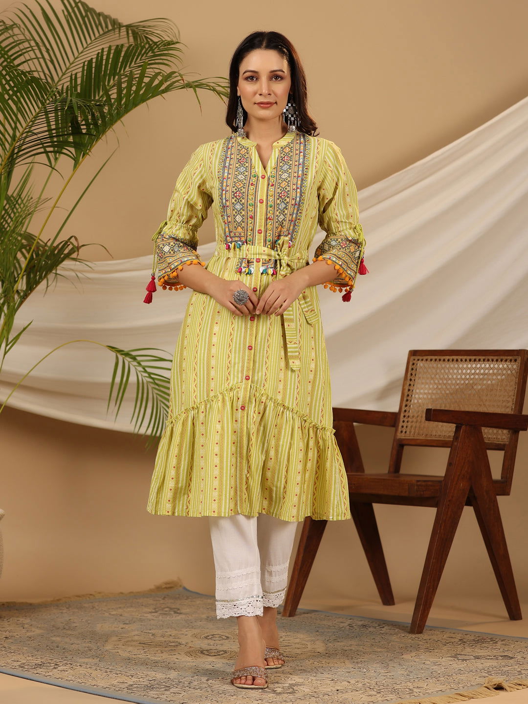 Juniper Lime Green Geometric Printed Pure Cotton Kurta With Beads Work