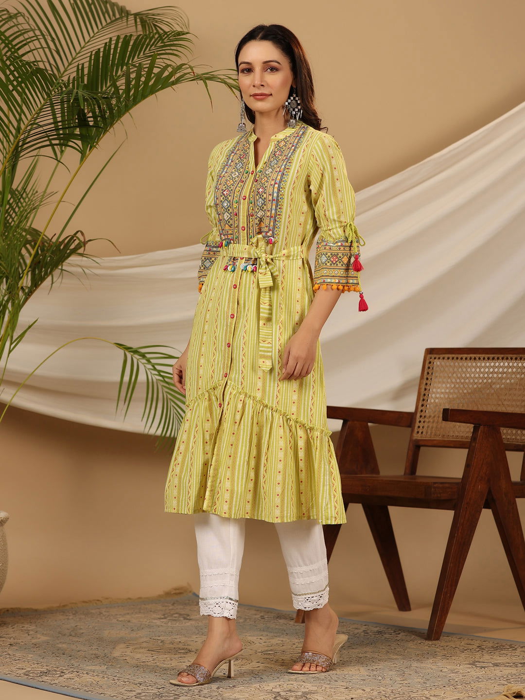 Juniper Lime Green Geometric Printed Pure Cotton Kurta With Beads Work
