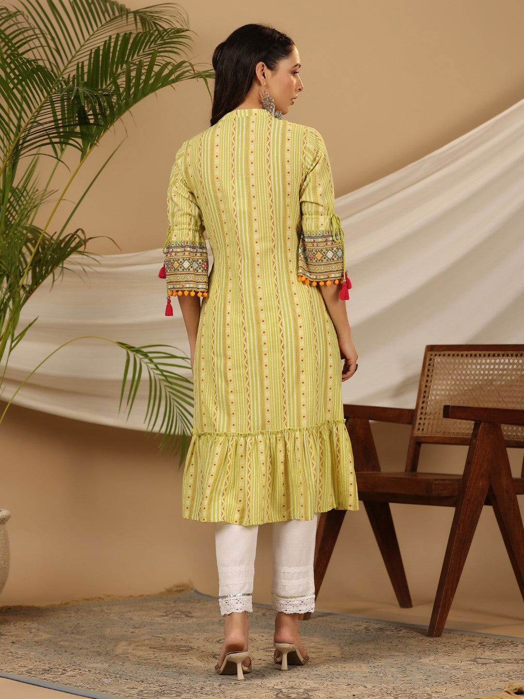Juniper Lime Green Geometric Printed Pure Cotton Kurta With Beads Work