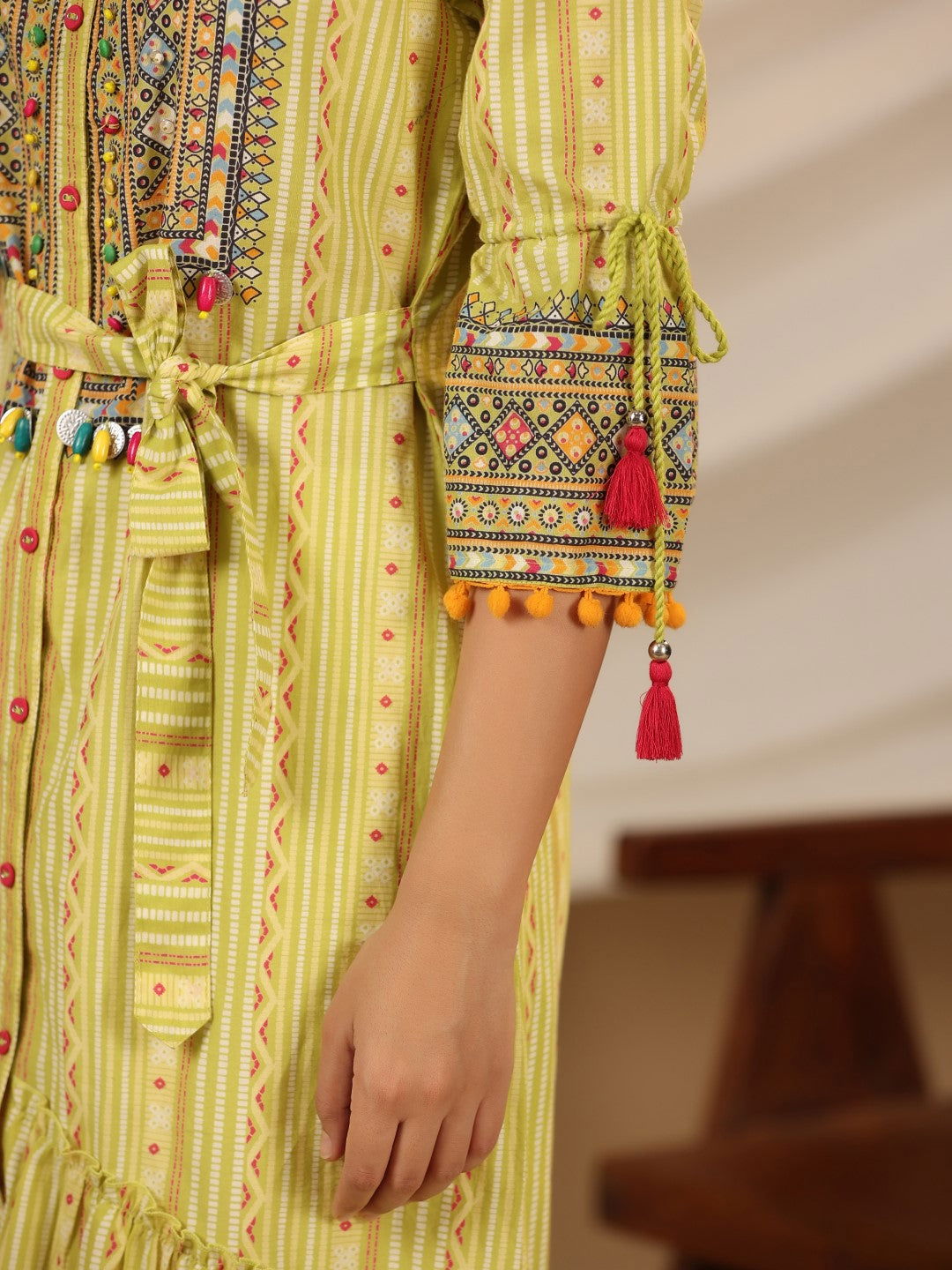 Juniper Lime Green Geometric Printed Pure Cotton Kurta With Beads Work