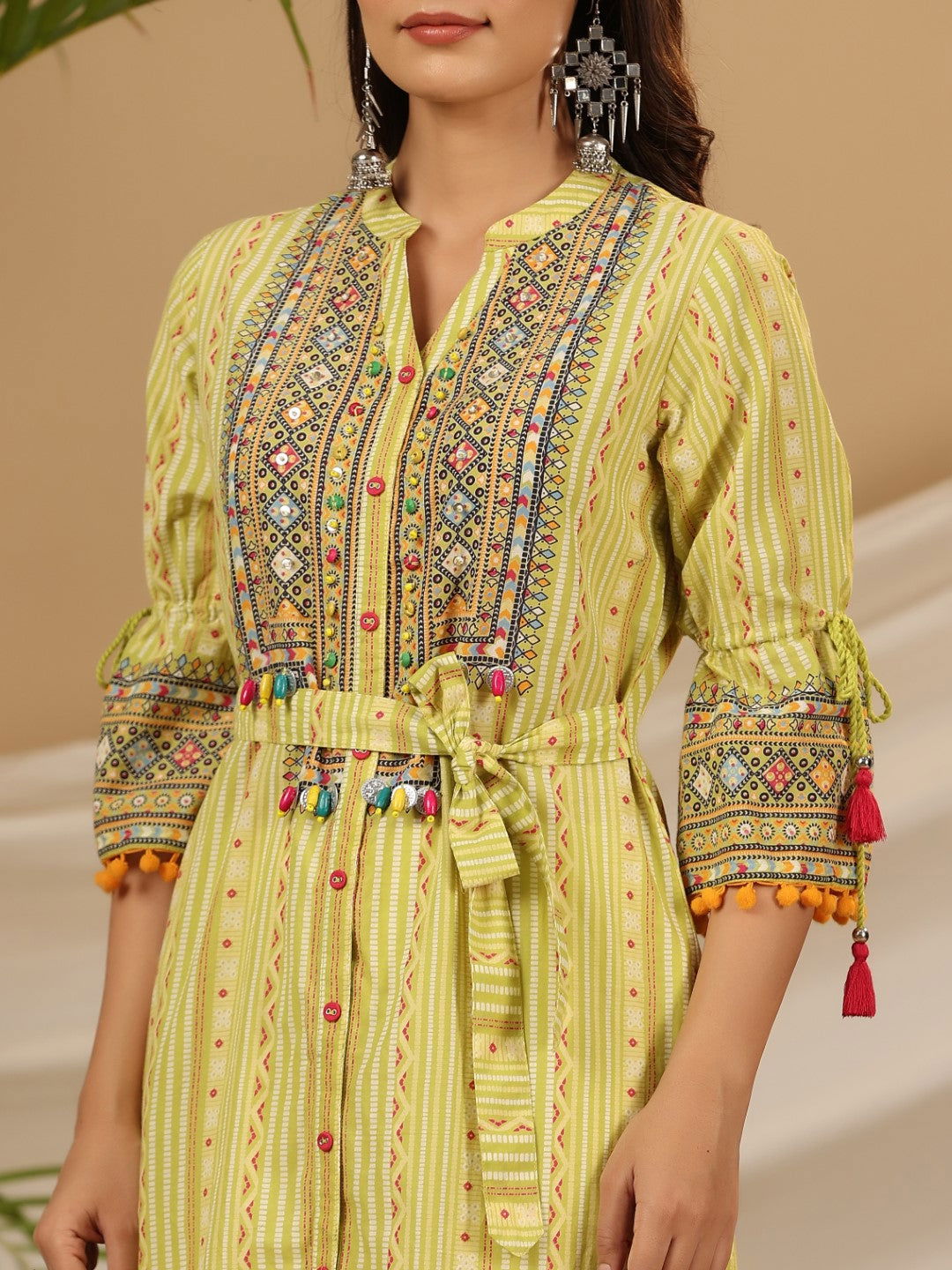 Juniper Lime Green Geometric Printed Pure Cotton Kurta With Beads Work