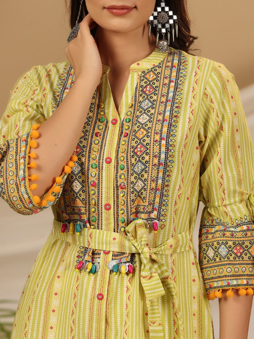 Juniper Lime Green Geometric Printed Pure Cotton Kurta With Beads Work