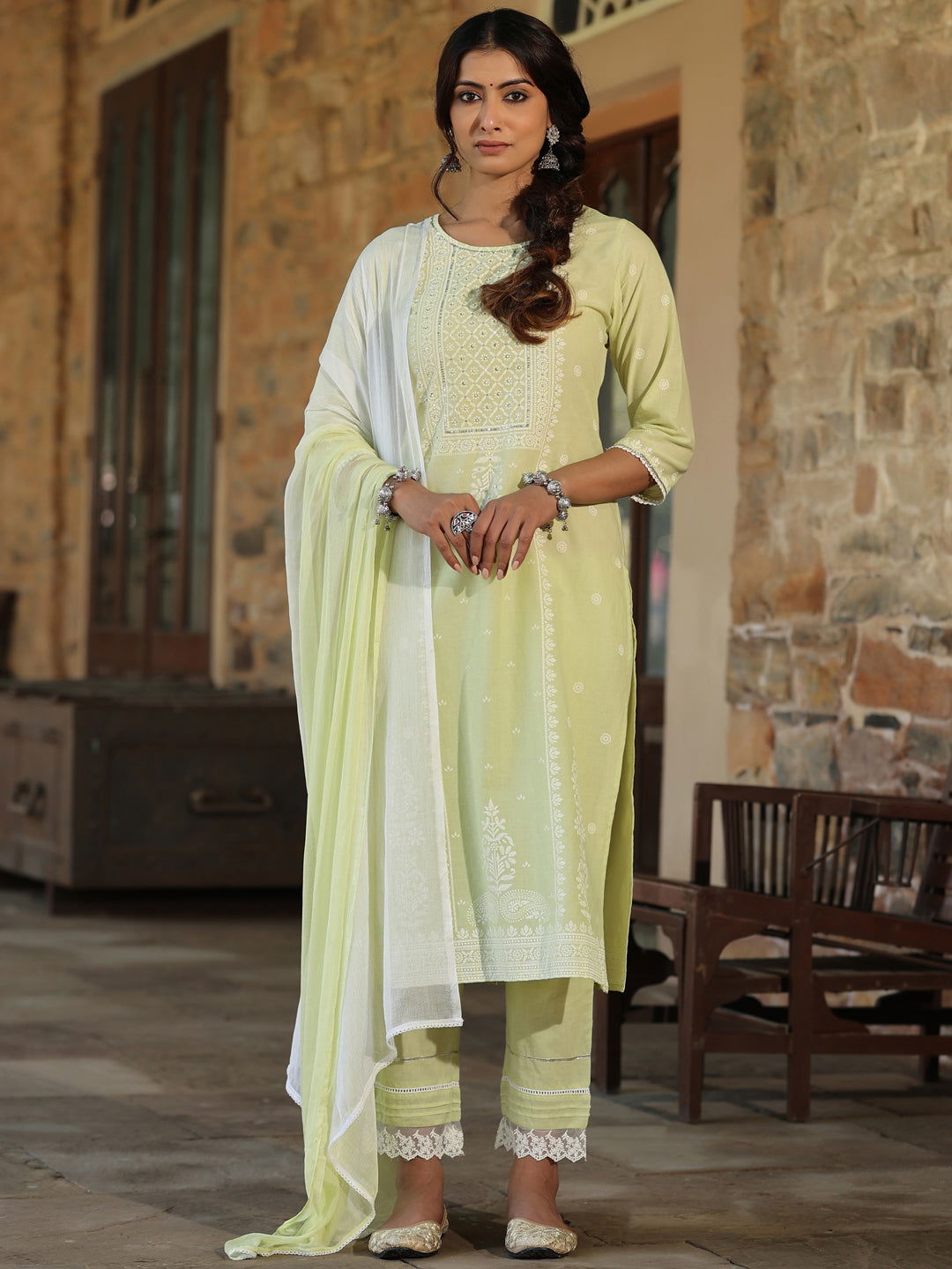 Juniper Lime green Ethnic Motif Printed Pure Cotton Kurta Pants & Dupatta Set With Sequins Work