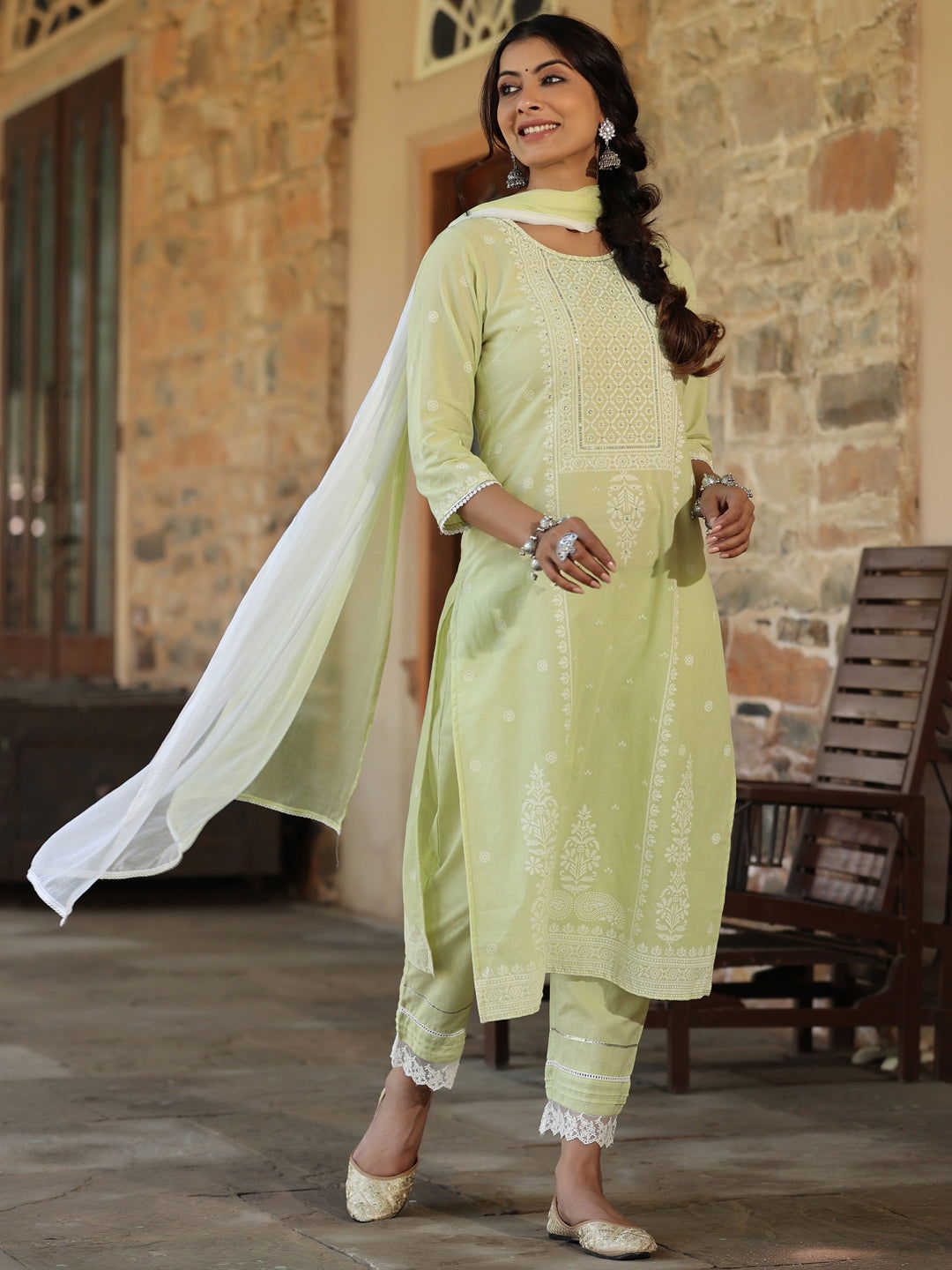 Juniper Lime green Ethnic Motif Printed Pure Cotton Kurta Pants & Dupatta Set With Sequins Work