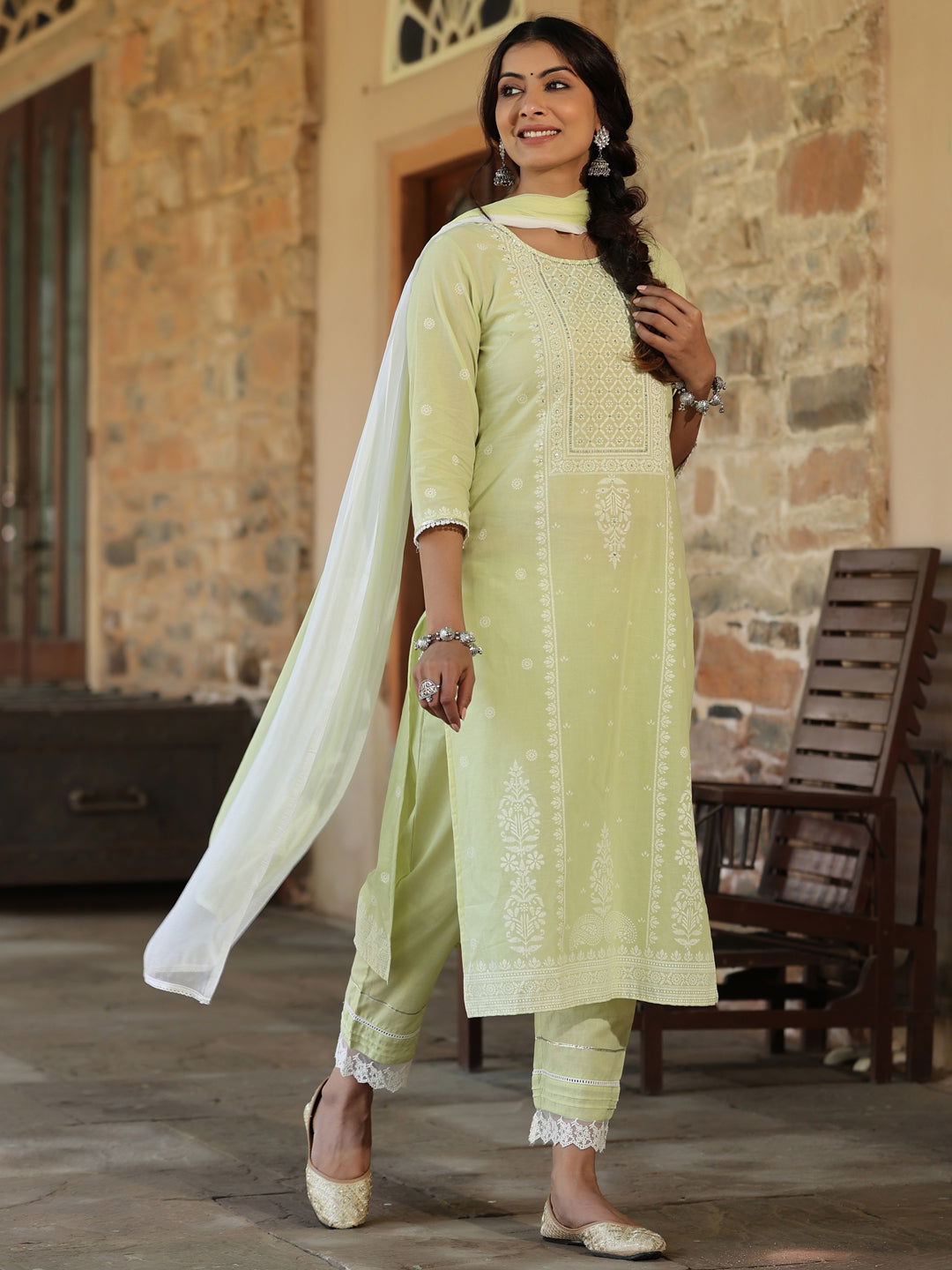 Juniper Lime green Ethnic Motif Printed Pure Cotton Kurta Pants & Dupatta Set With Sequins Work