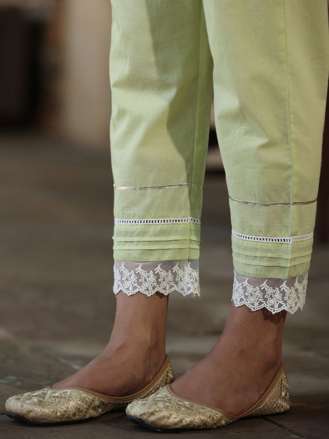 Juniper Lime green Ethnic Motif Printed Pure Cotton Kurta Pants & Dupatta Set With Sequins Work