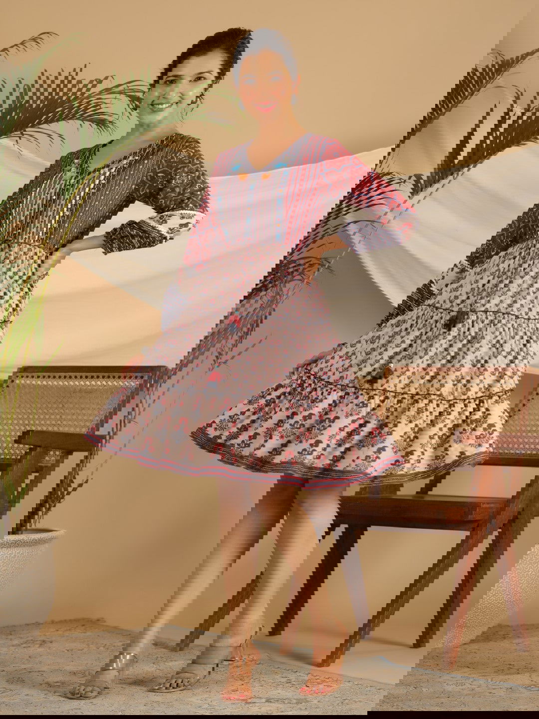 Juniper Maroon Cotton Ethnic Motif Print Short Dress With Kantha Work Tassel Coin Kaudi & Sequins Work