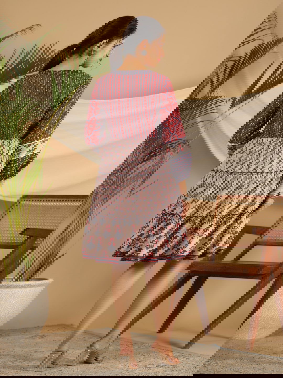 Juniper Maroon Cotton Ethnic Motif Print Short Dress With Kantha Work Tassel Coin Kaudi & Sequins Work