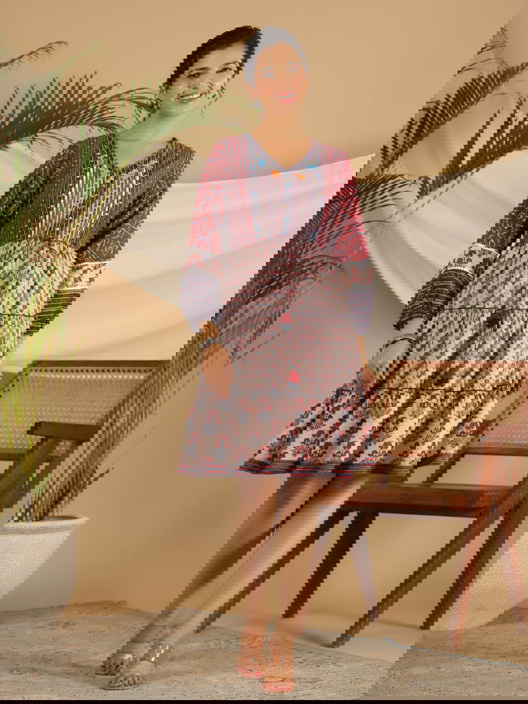 Juniper Maroon Cotton Ethnic Motif Print Short Dress With Kantha Work Tassel Coin Kaudi & Sequins Work