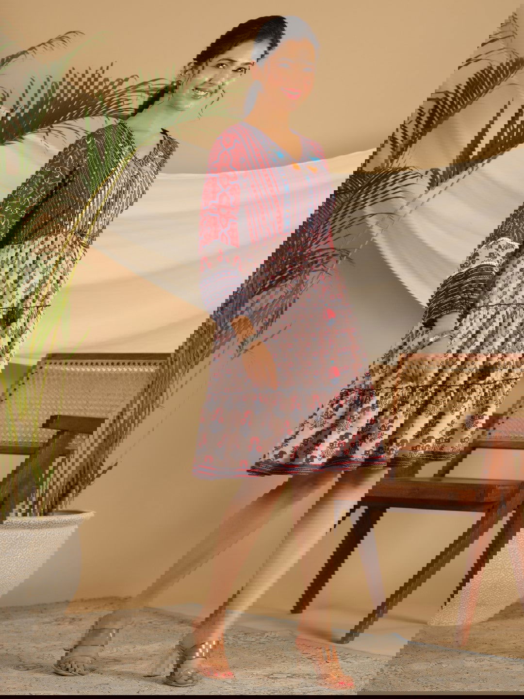 Juniper Maroon Cotton Ethnic Motif Print Short Dress With Kantha Work Tassel Coin Kaudi & Sequins Work