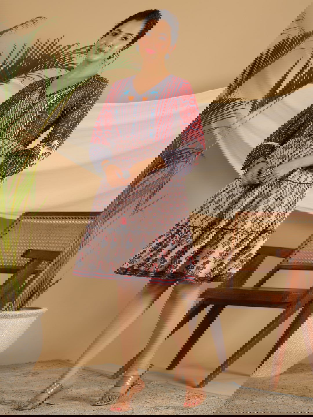 Juniper Maroon Cotton Ethnic Motif Print Short Dress With Kantha Work Tassel Coin Kaudi & Sequins Work