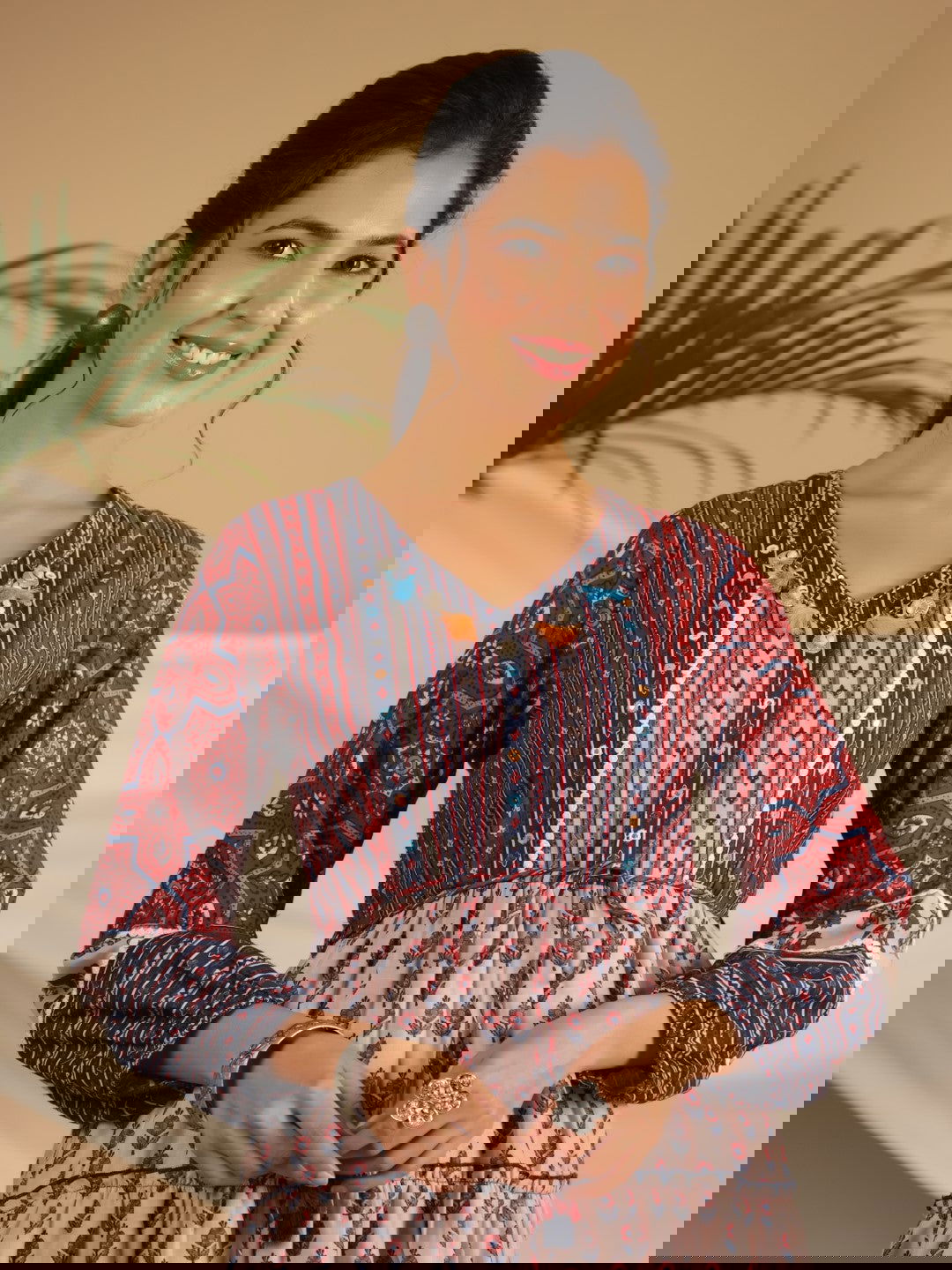 Juniper Maroon Cotton Ethnic Motif Print Short Dress With Kantha Work Tassel Coin Kaudi & Sequins Work