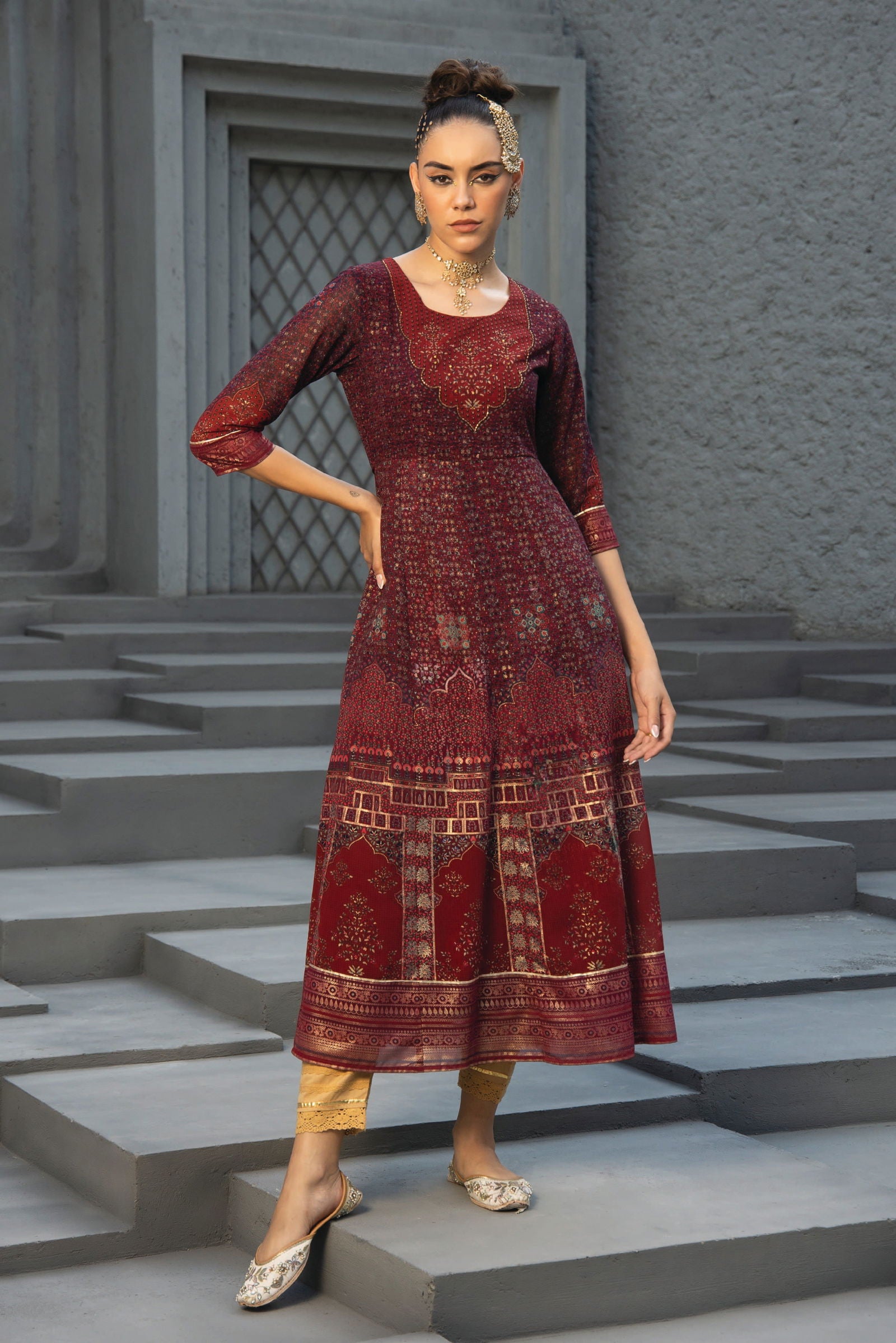 Juniper Maroon Ethnic Motif Printed Georgette Anarkali Dress.