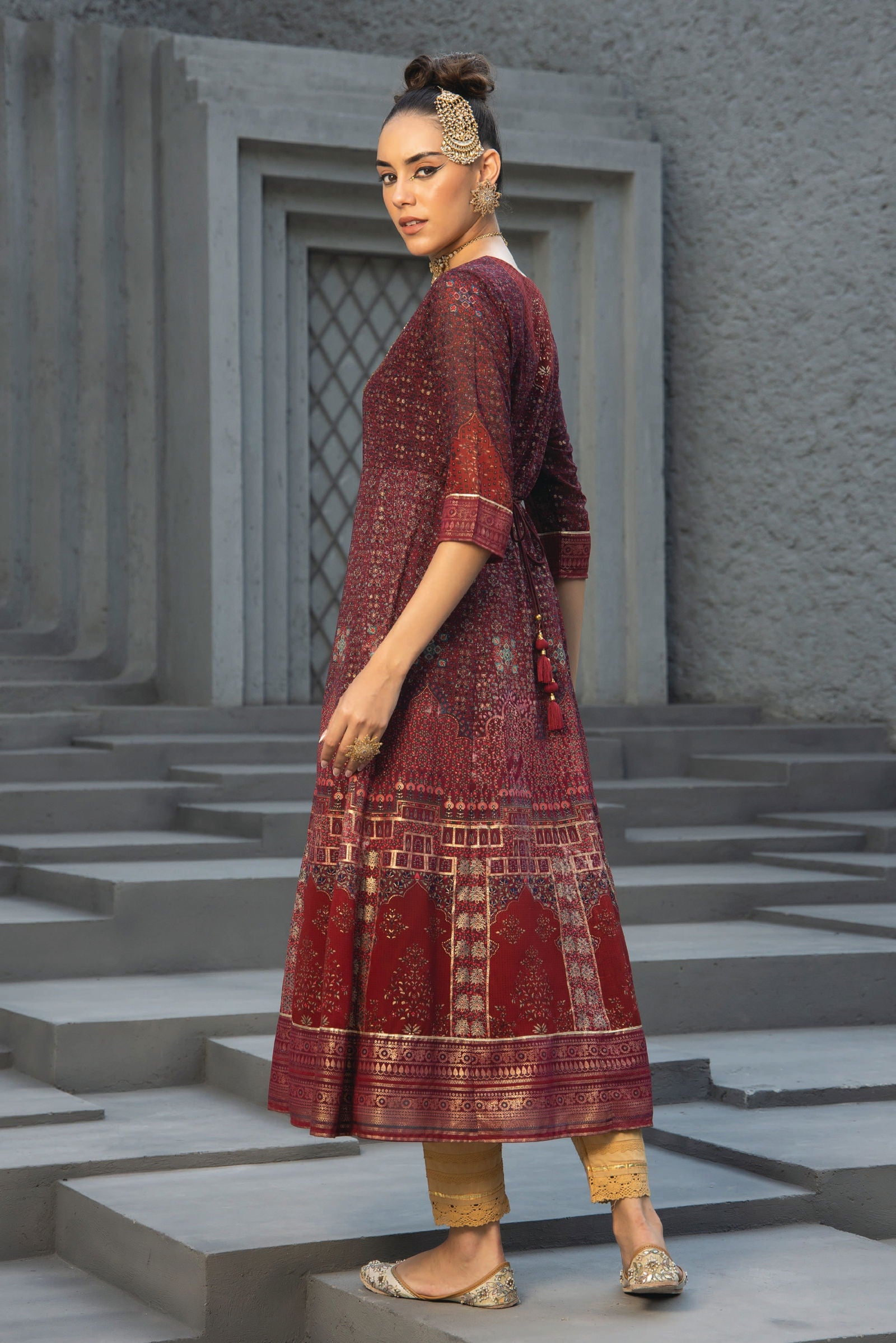Juniper Maroon Ethnic Motif Printed Georgette Anarkali Dress.