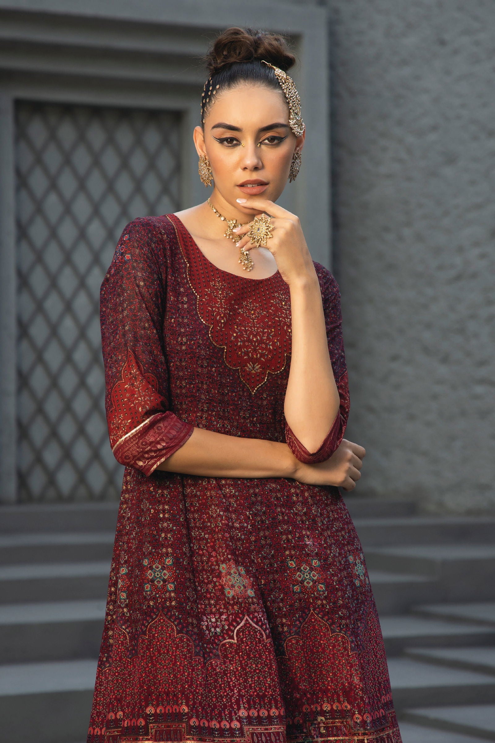 Juniper Maroon Ethnic Motif Printed Georgette Anarkali Dress.