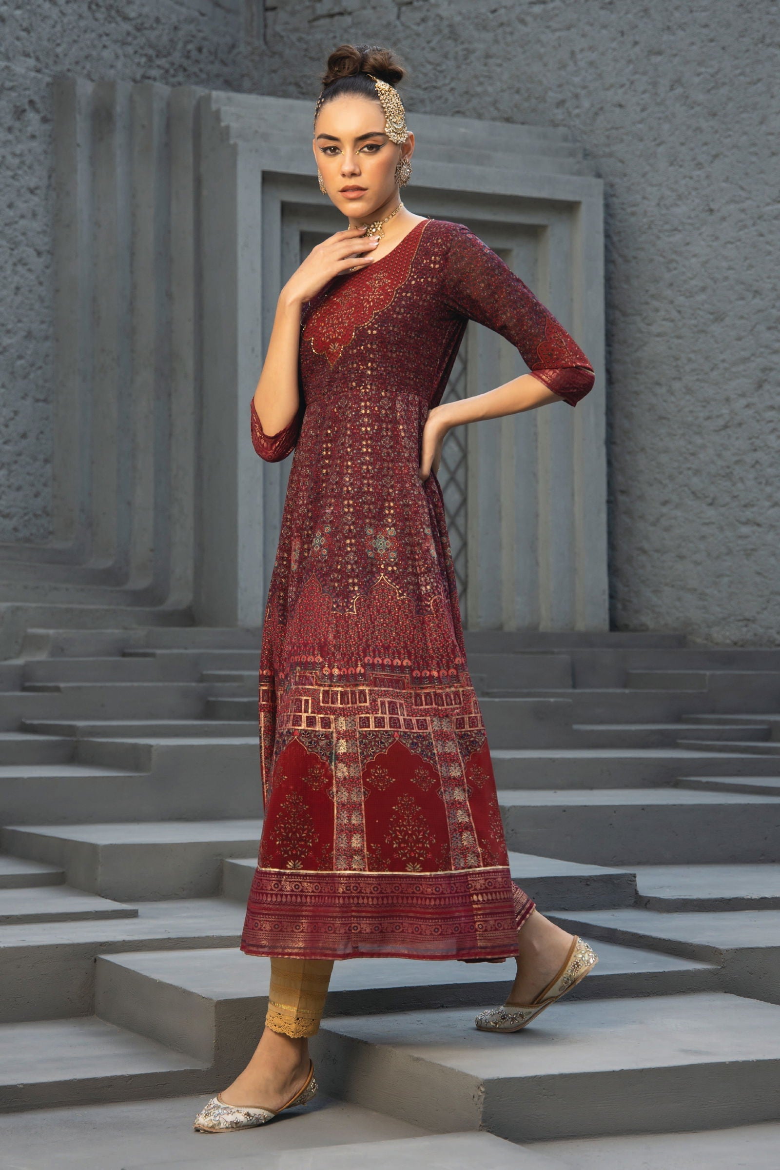 Juniper Maroon Ethnic Motif Printed Georgette Anarkali Dress.