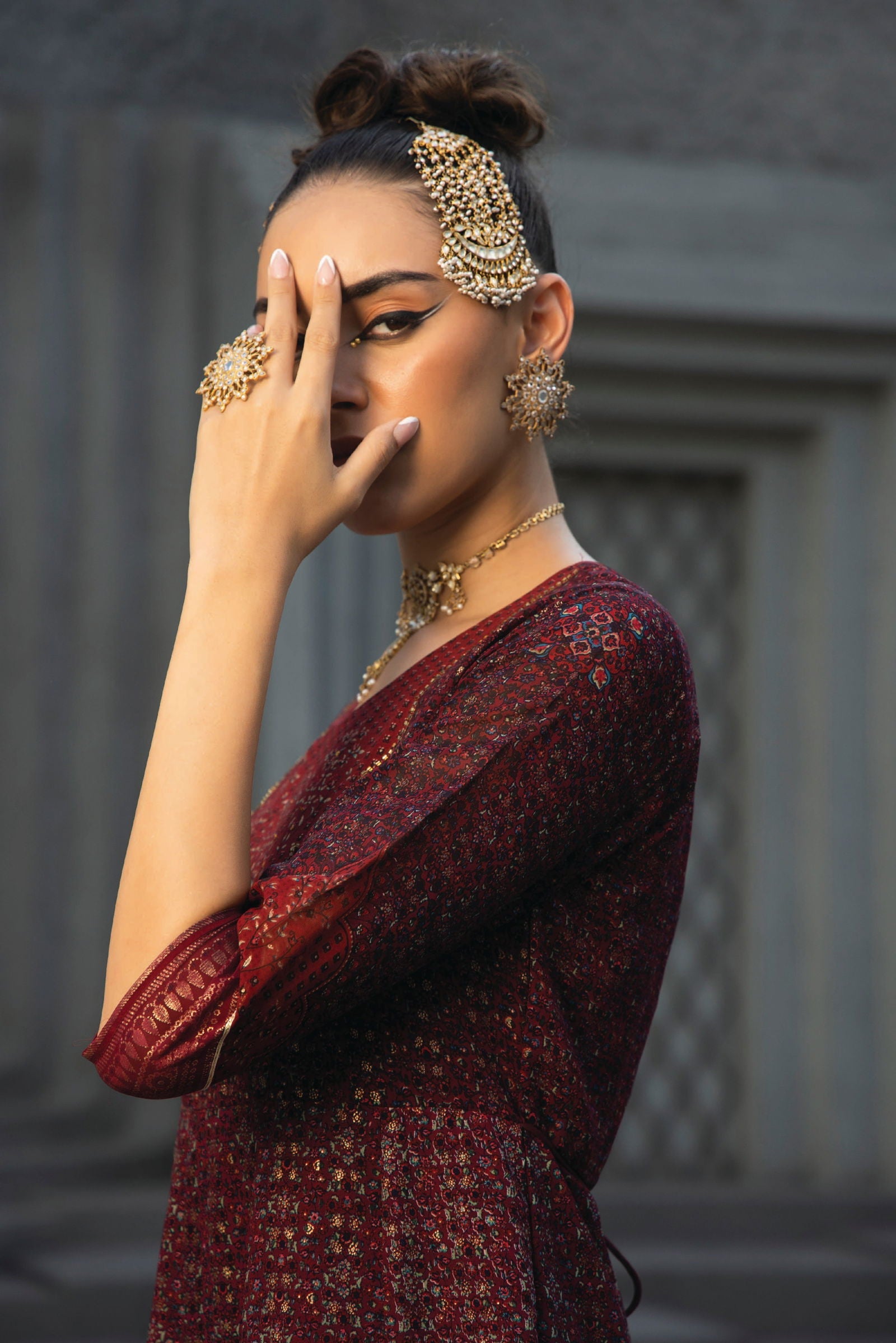 Juniper Maroon Ethnic Motif Printed Georgette Anarkali Dress.