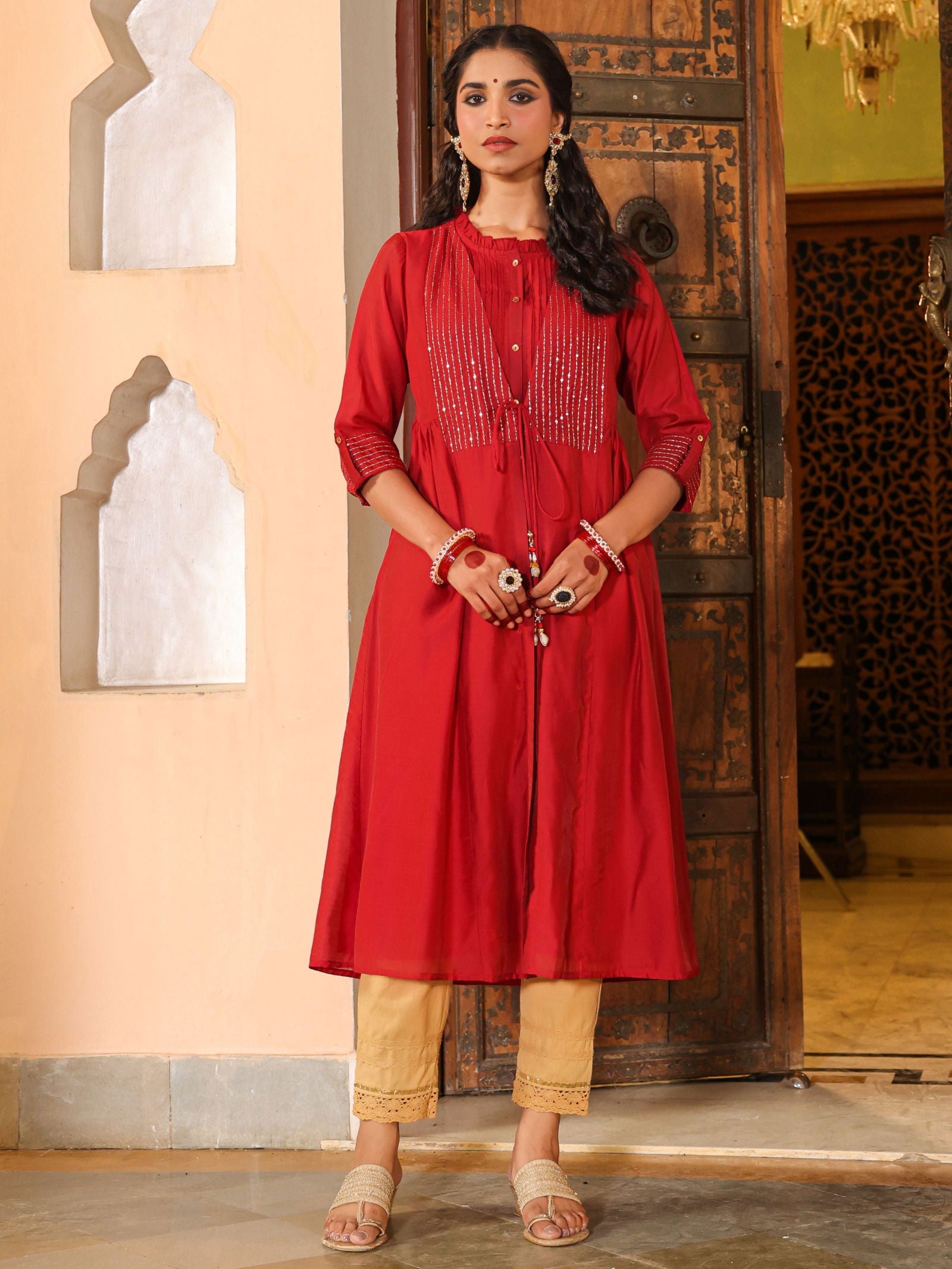 Juniper Maroon Stripped Print Chanderi Embroidered Jacket Style Kurta Dress With Sequins & Zari Work