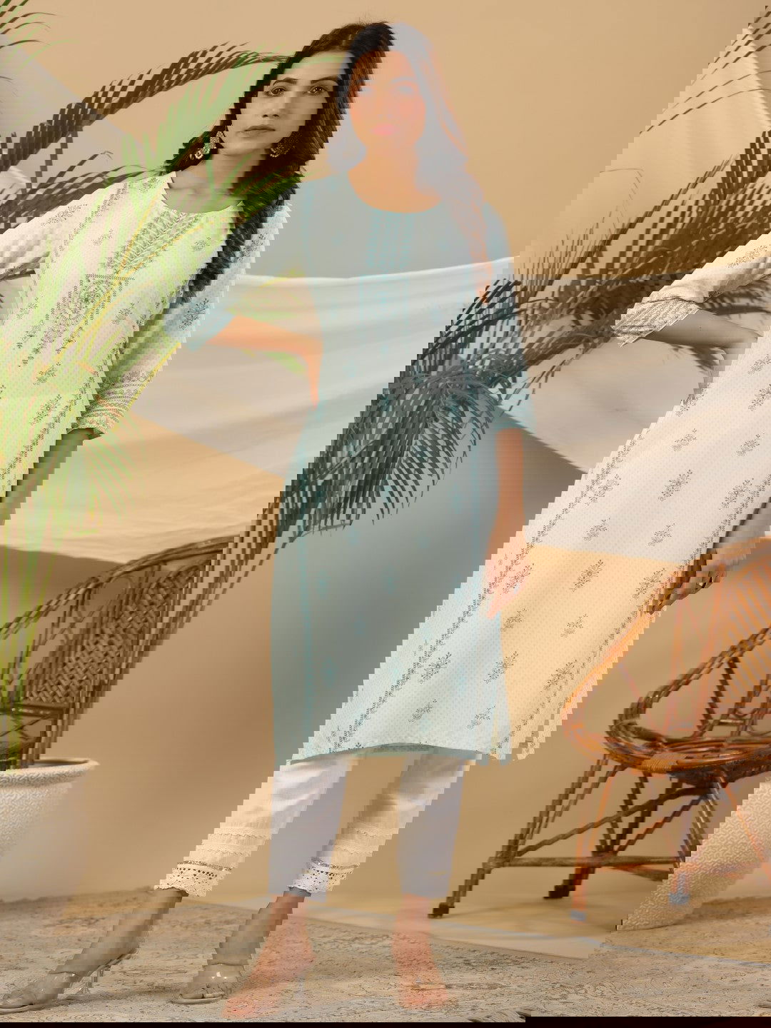 Juniper Mint Ethnic Motif Printed Rayon Kurta With Beads & Sequins