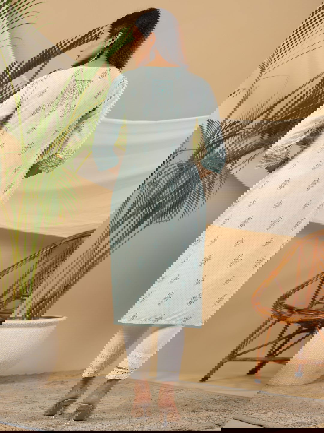 Juniper Mint Ethnic Motif Printed Rayon Kurta With Beads & Sequins