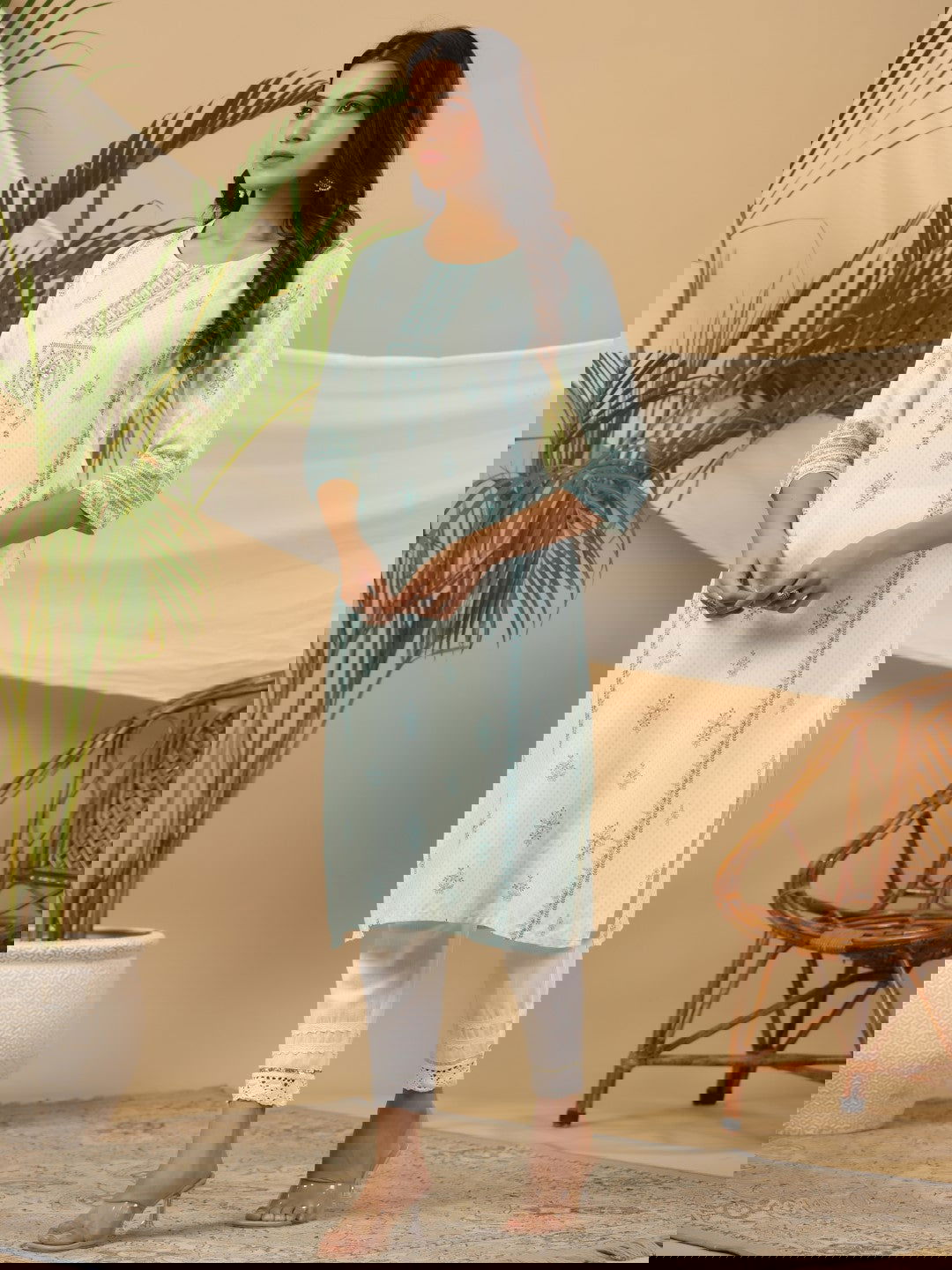 Juniper Mint Ethnic Motif Printed Rayon Kurta With Beads & Sequins