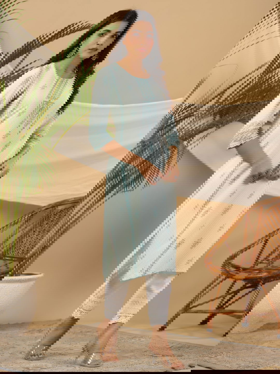 Juniper Mint Ethnic Motif Printed Rayon Kurta With Beads & Sequins