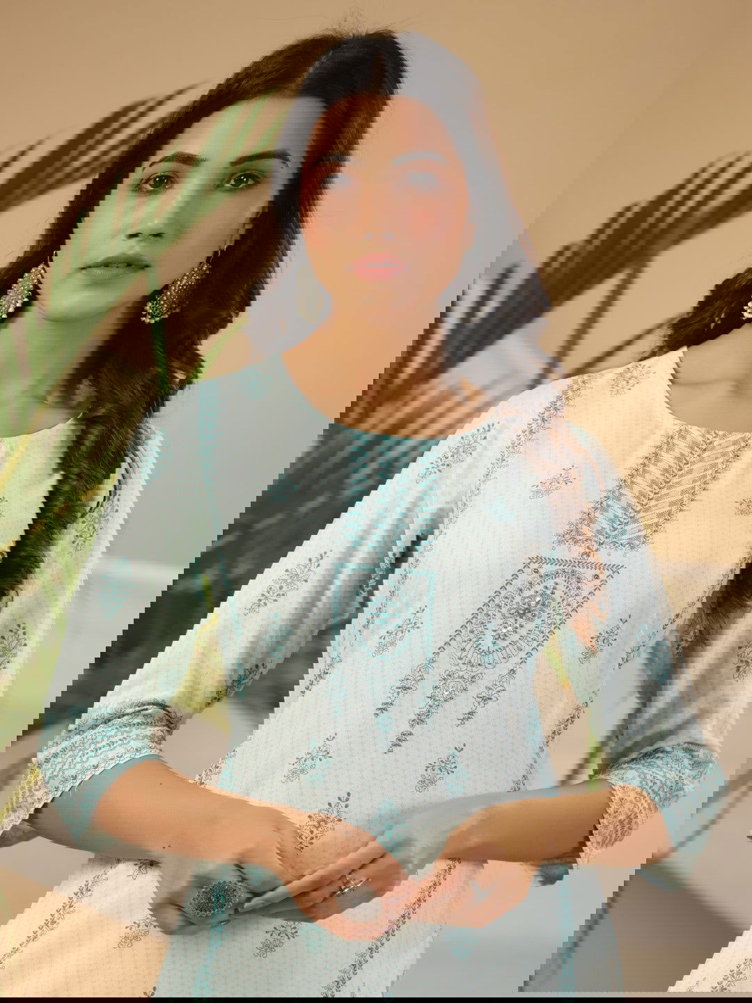 Juniper Mint Ethnic Motif Printed Rayon Kurta With Beads & Sequins