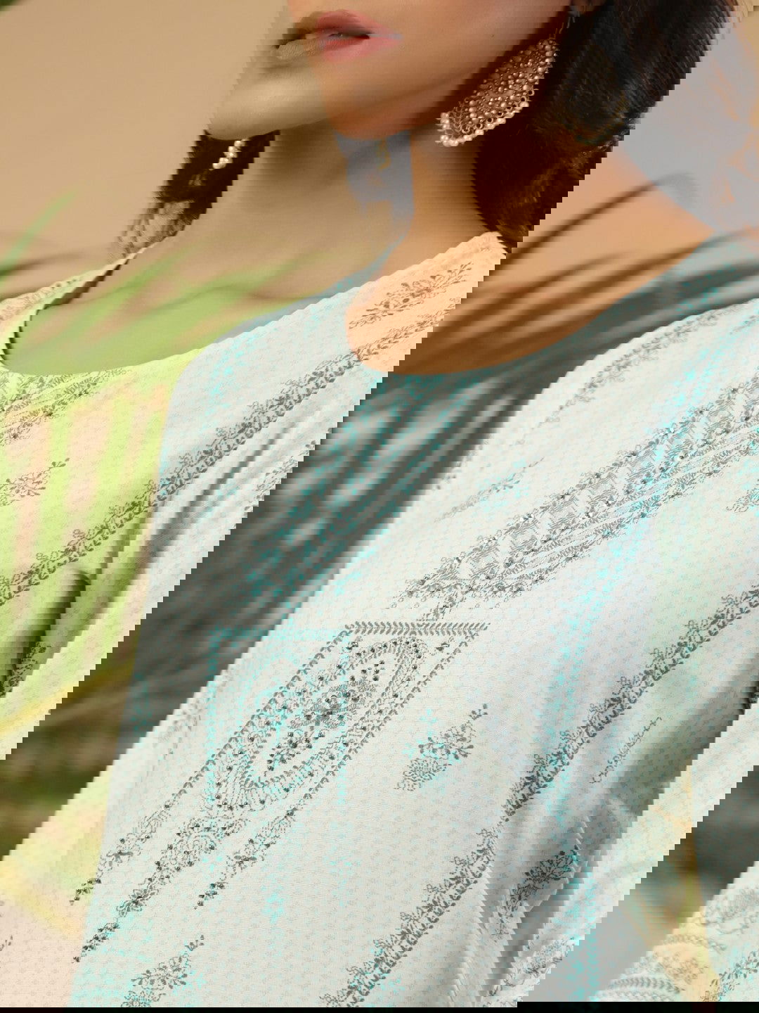 Juniper Mint Ethnic Motif Printed Rayon Kurta With Beads & Sequins