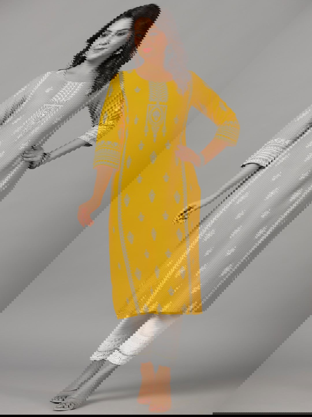 Juniper Mustard Ethnic Motif Printed Rayon Kurta With Beads & Sequins