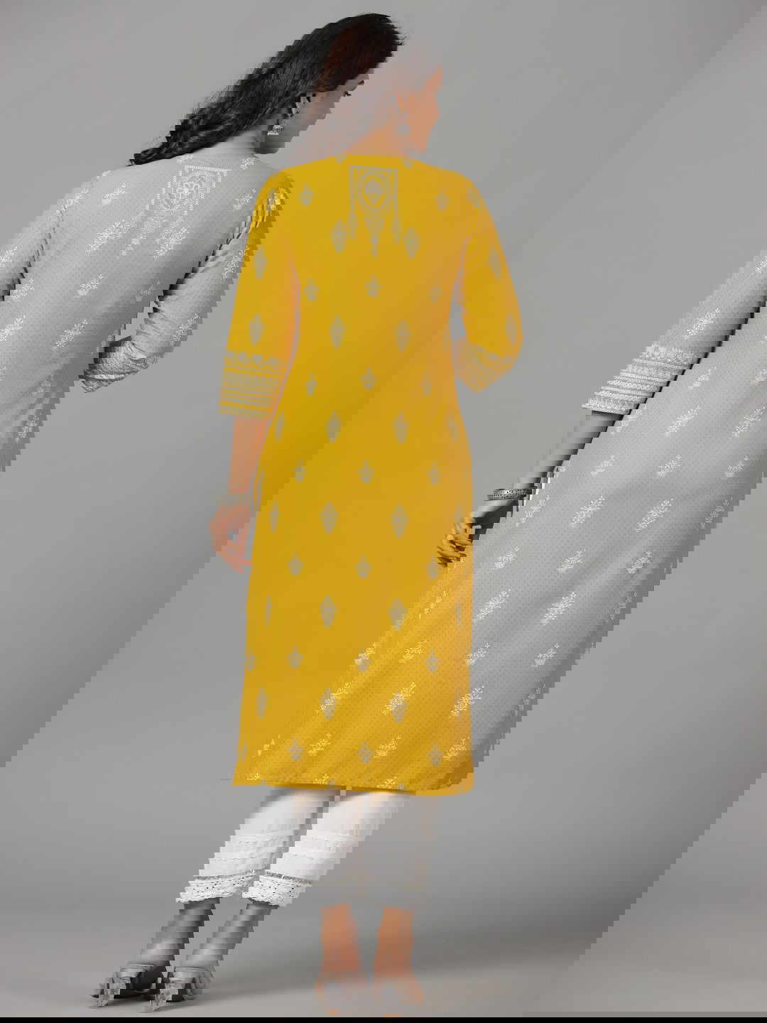 Juniper Mustard Ethnic Motif Printed Rayon Kurta With Beads & Sequins