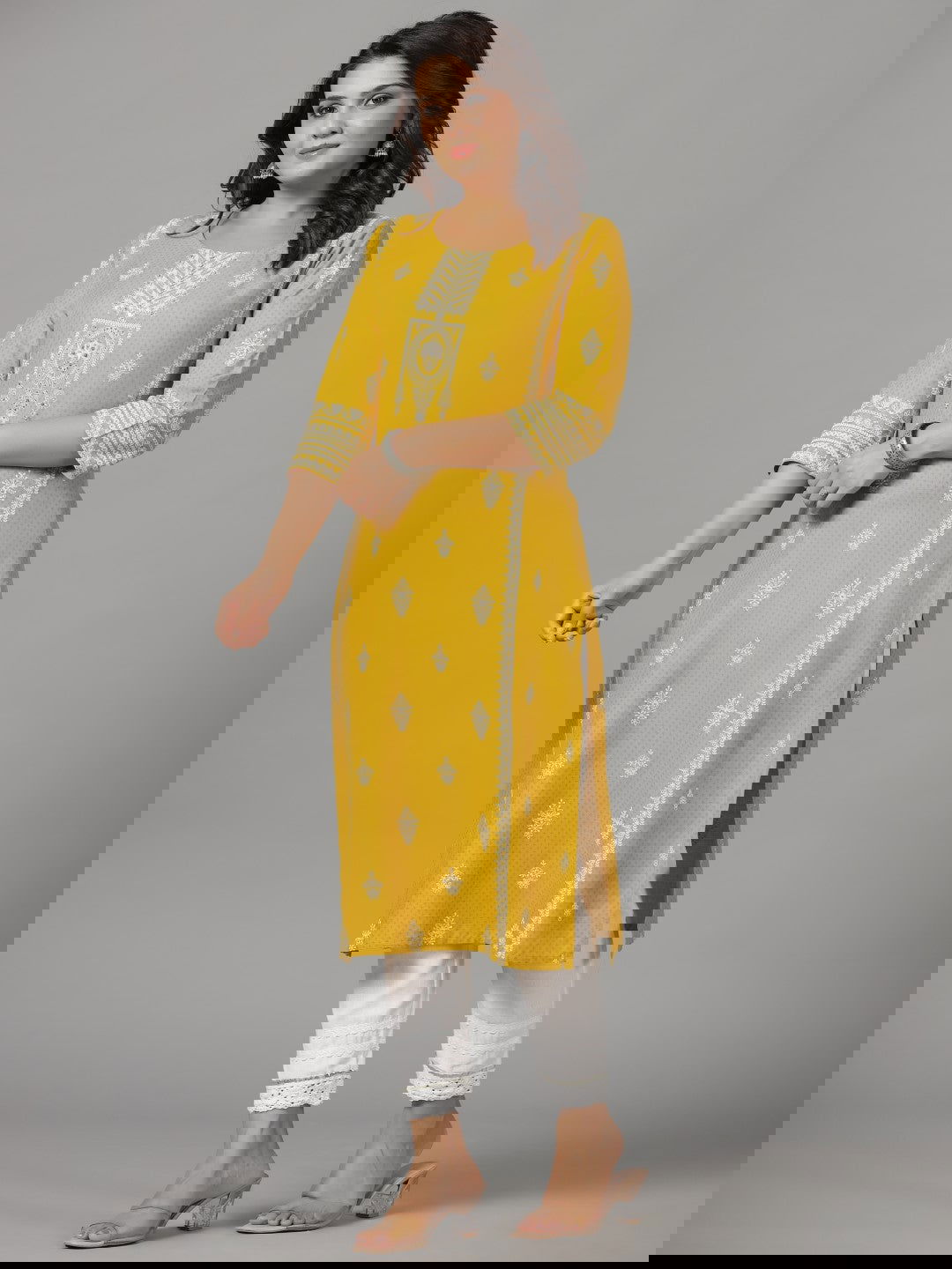 Juniper Mustard Ethnic Motif Printed Rayon Kurta With Beads & Sequins