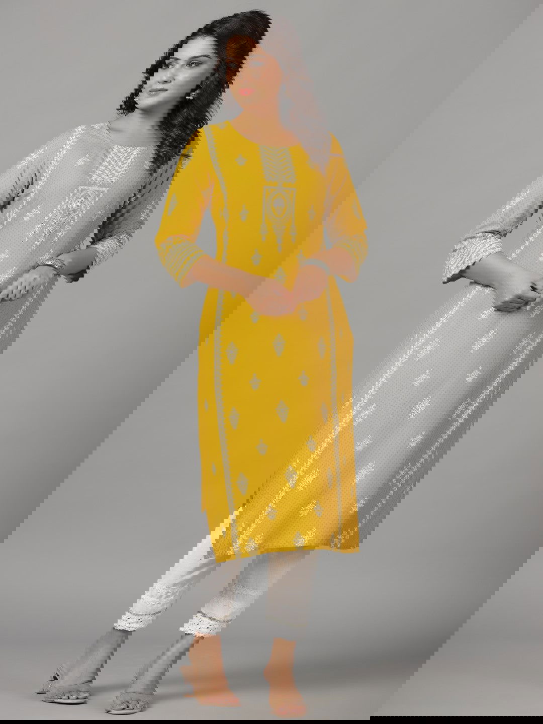 Juniper Mustard Ethnic Motif Printed Rayon Kurta With Beads & Sequins