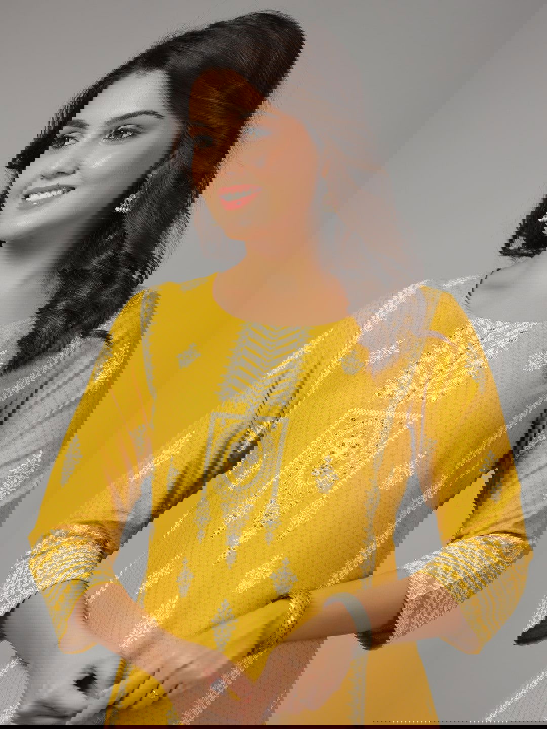 Juniper Mustard Ethnic Motif Printed Rayon Kurta With Beads & Sequins