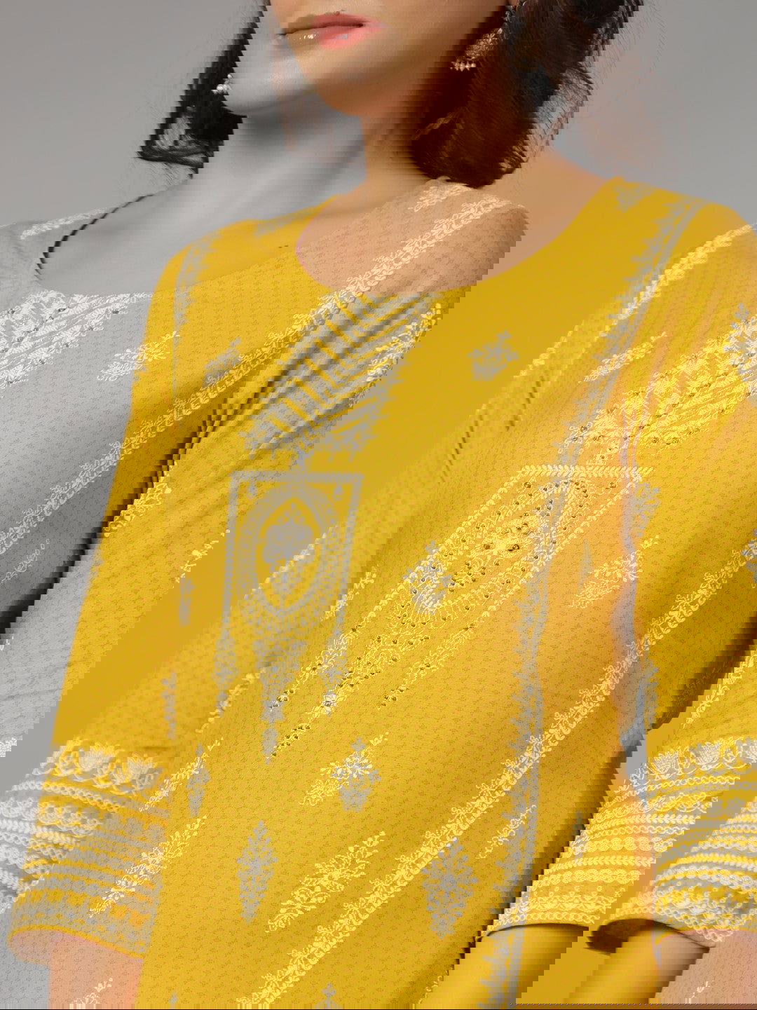 Juniper Mustard Ethnic Motif Printed Rayon Kurta With Beads & Sequins