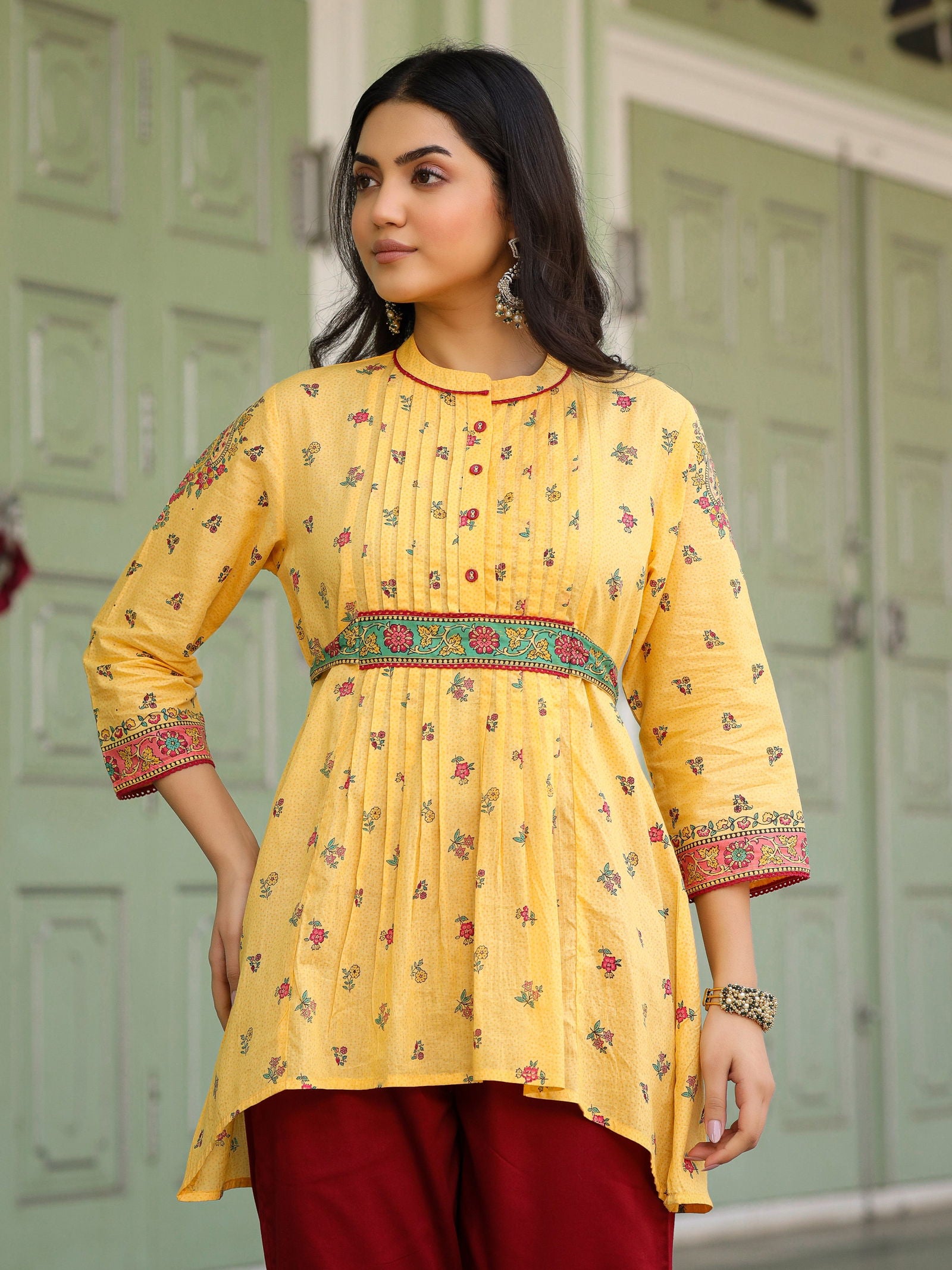 Juniper Mustard Floral Printed Cotton Voile Tunic With Lace Work