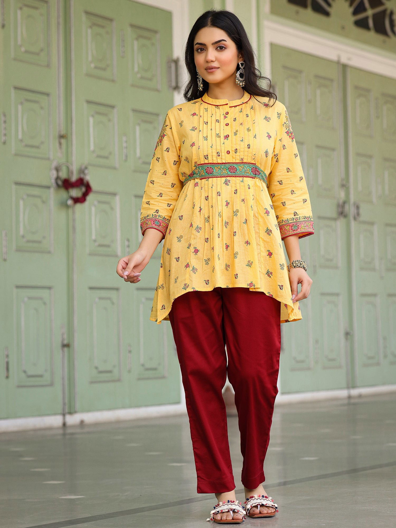 Juniper Mustard Floral Printed Cotton Voile Tunic With Lace Work