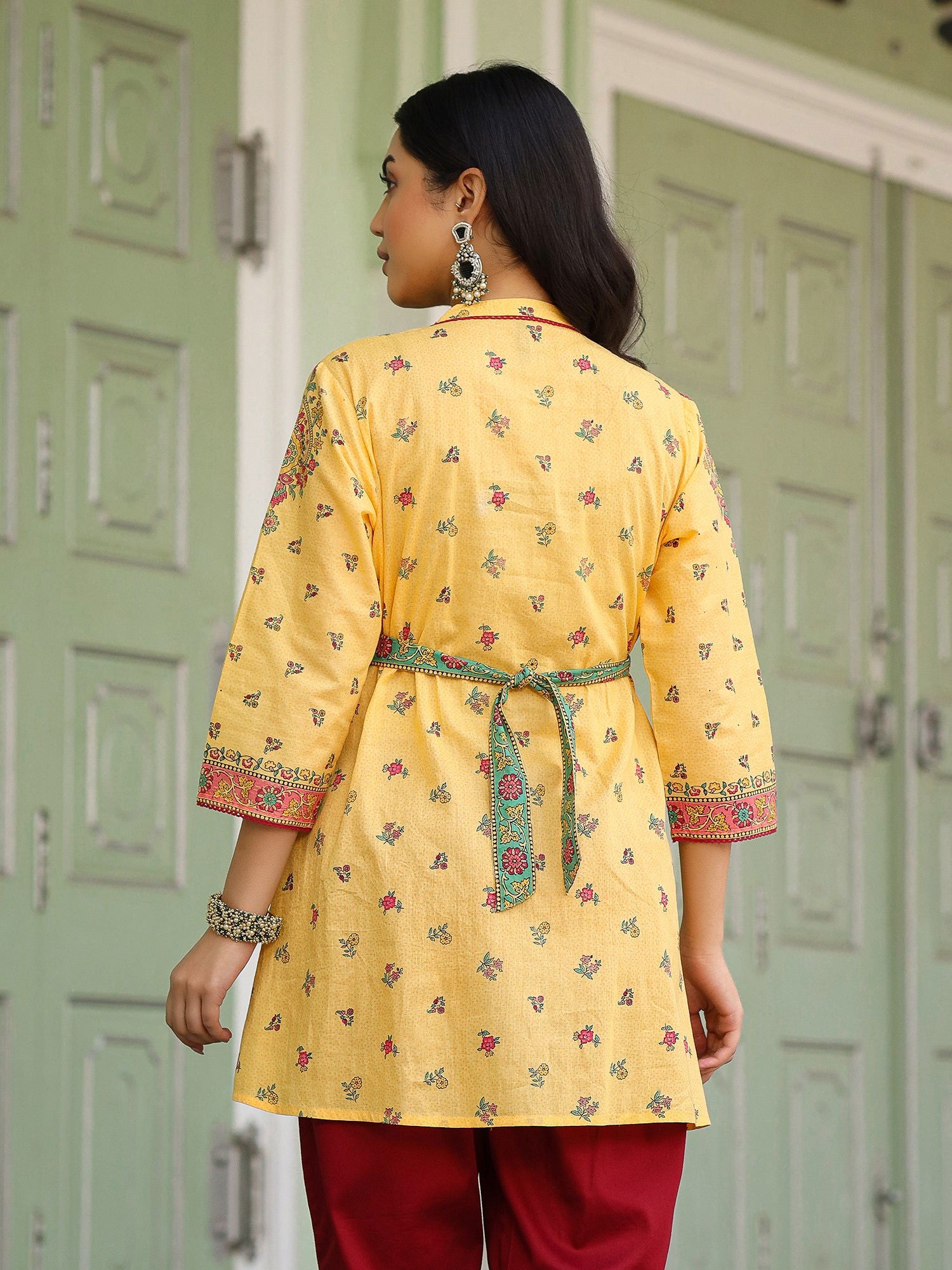 Juniper Mustard Floral Printed Cotton Voile Tunic With Lace Work