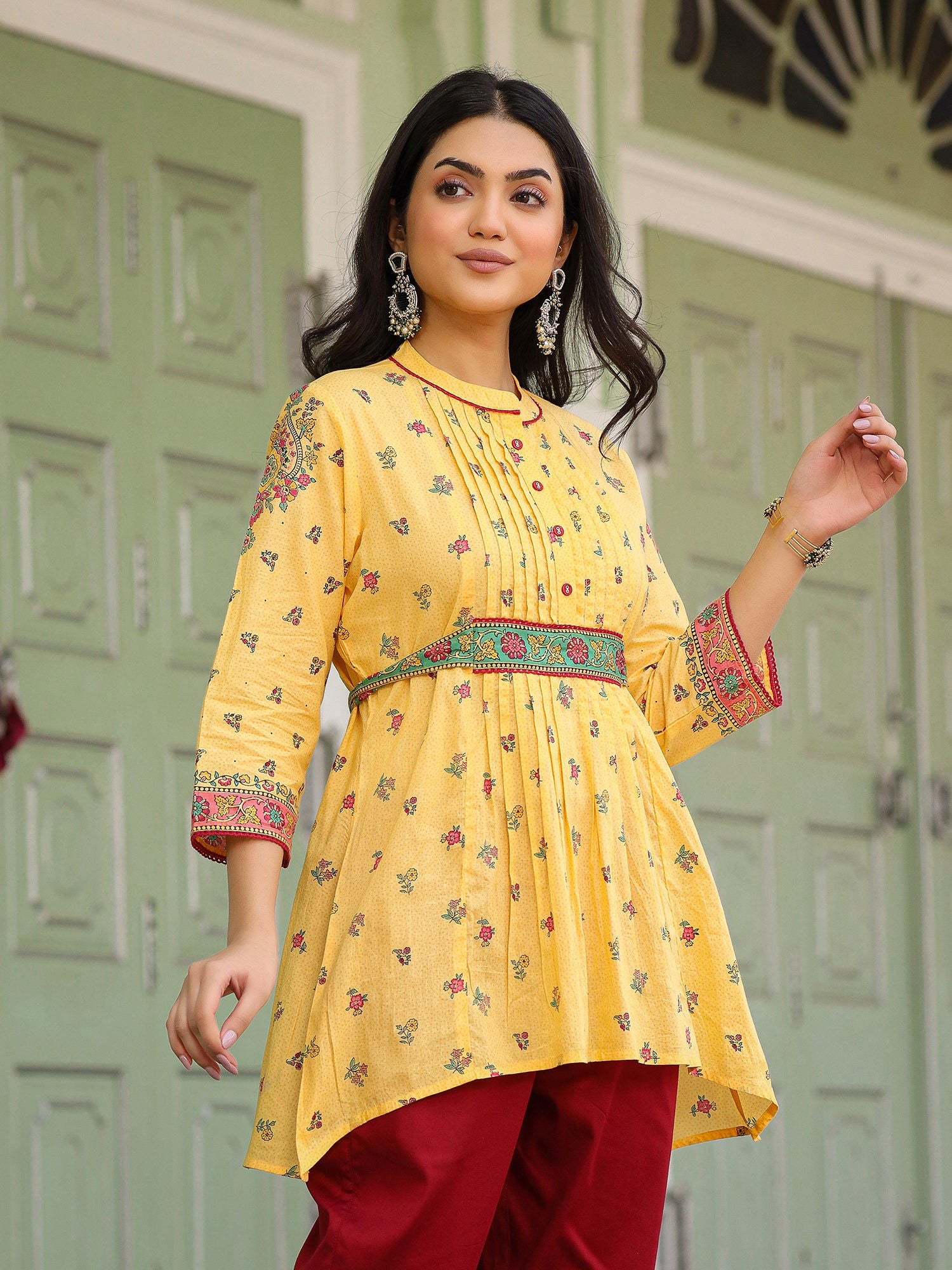Juniper Mustard Floral Printed Cotton Voile Tunic With Lace Work